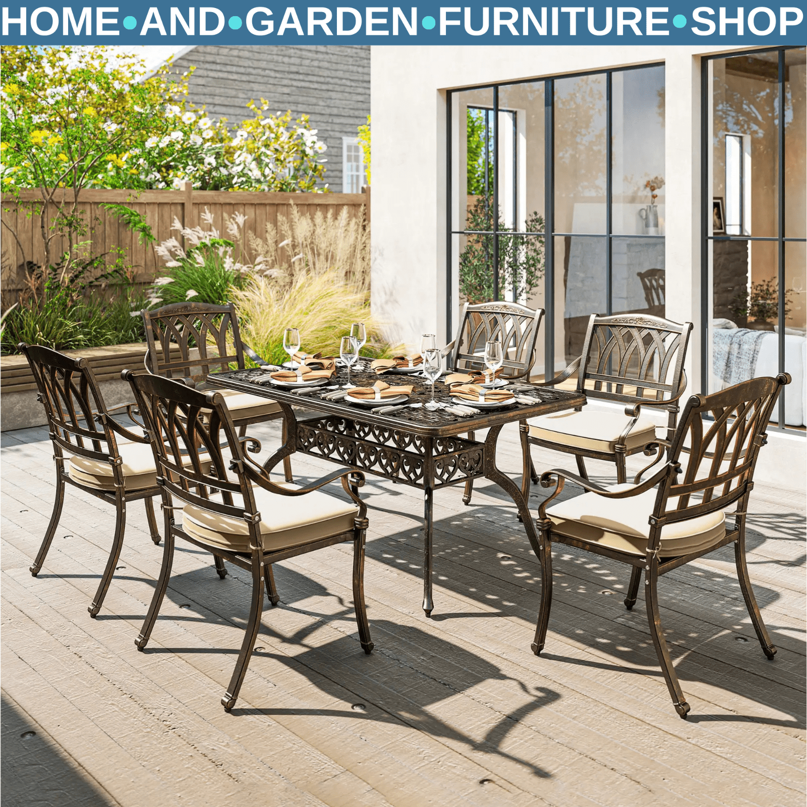 7 Piece Cast Aluminium Garden Dining Set Outdoor Table and Chairs for Patio - Home and Garden Furniture Shop - rustic - furniture