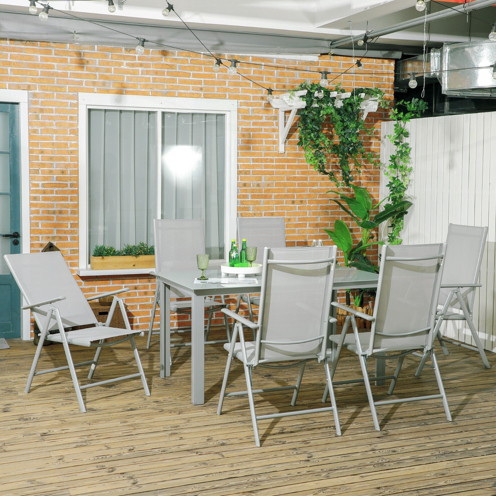 7 Piece Garden Dining Set 6 Folding Reclining Chair & Table Aluminium Frame Grey - Home and Garden Furniture Shop - rustic - furniture