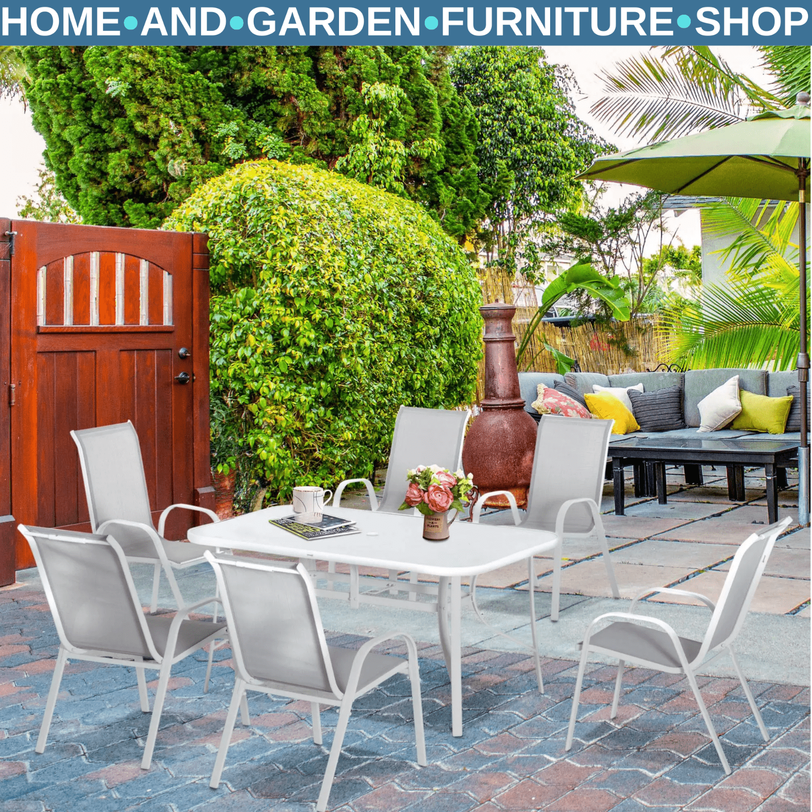 7 Piece Garden Dining Set 6 Seater Patio Furniture Table Chairs w/ Parasol Hole - Home and Garden Furniture Shop - rustic - furniture