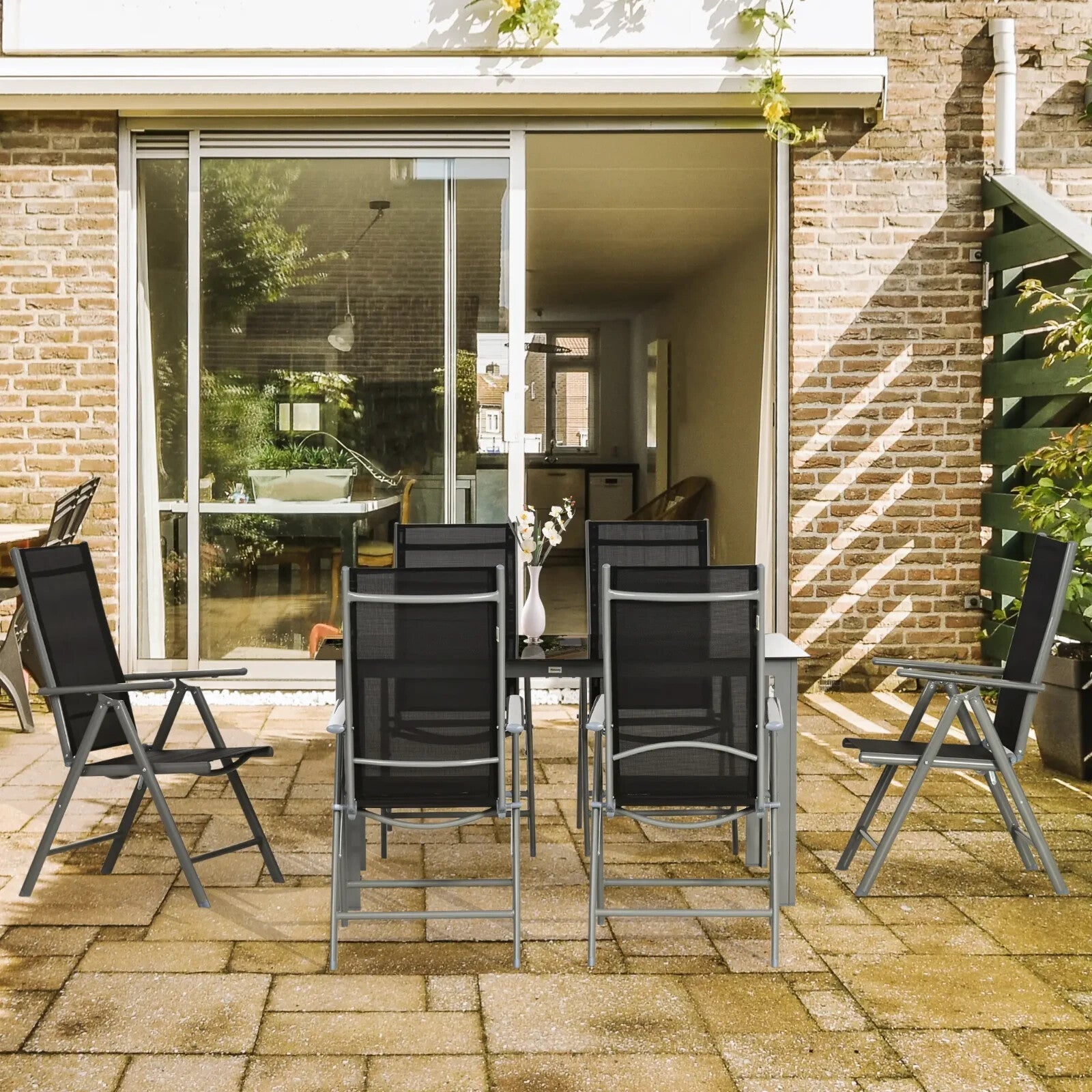7 - Piece Garden Dining Set with Aluminium Frame & Folding Reclining Chairs Black - Home and Garden Furniture Shop - rustic - furniture