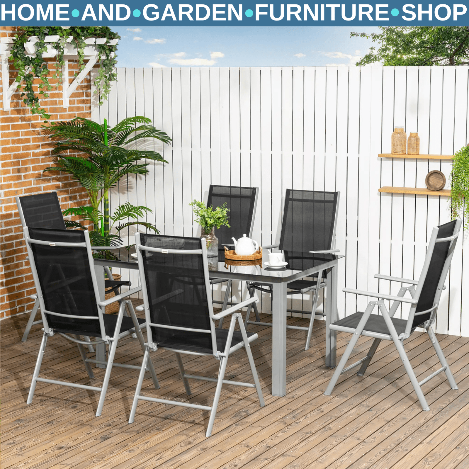 7 - Piece Garden Dining Set with Aluminium Frame & Folding Reclining Chairs Black - Home and Garden Furniture Shop - rustic - furniture