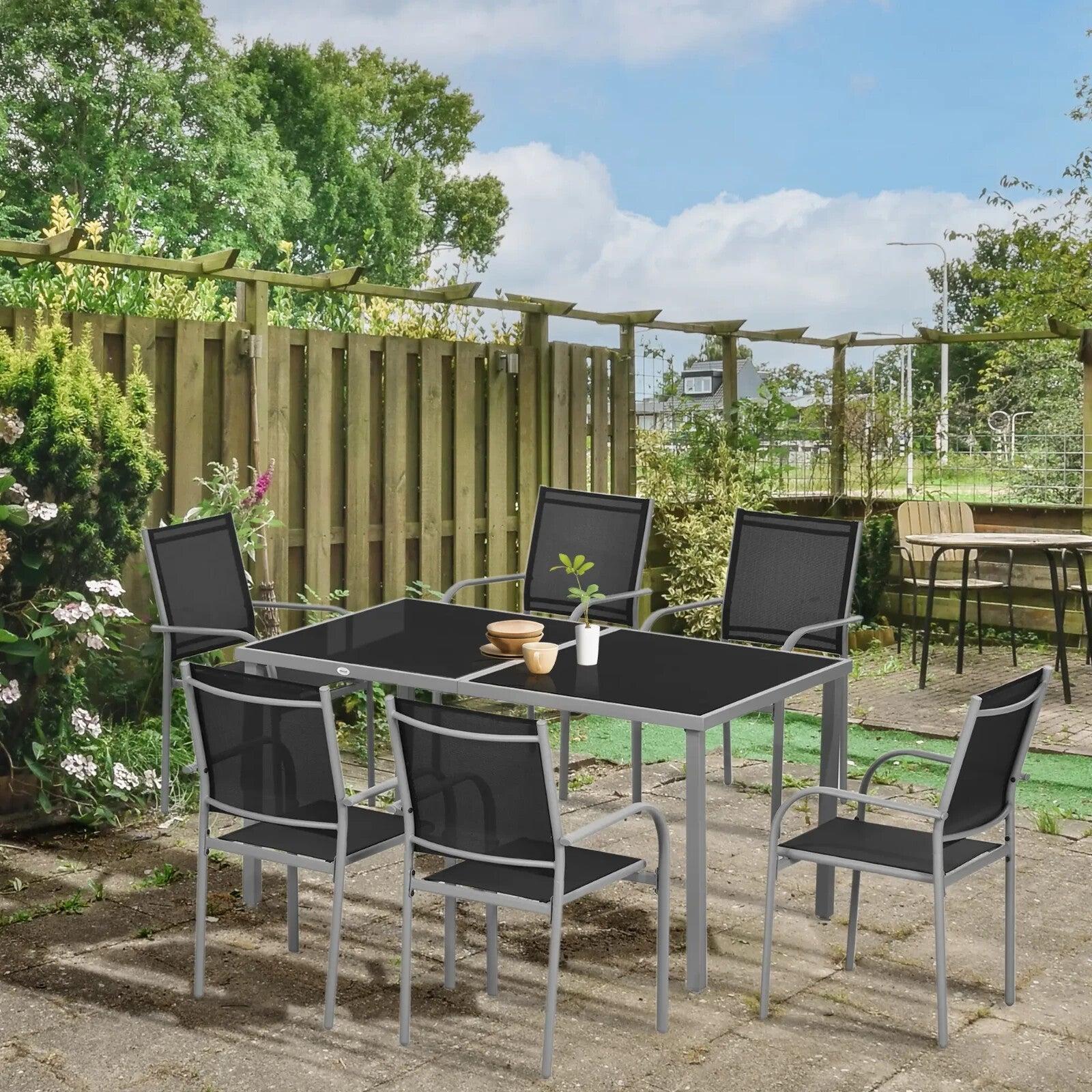 7 Piece Garden Dining Set with Glass Table and 6 Stackable Mesh Chairs Outdoor - Home and Garden Furniture Shop - rustic - furniture