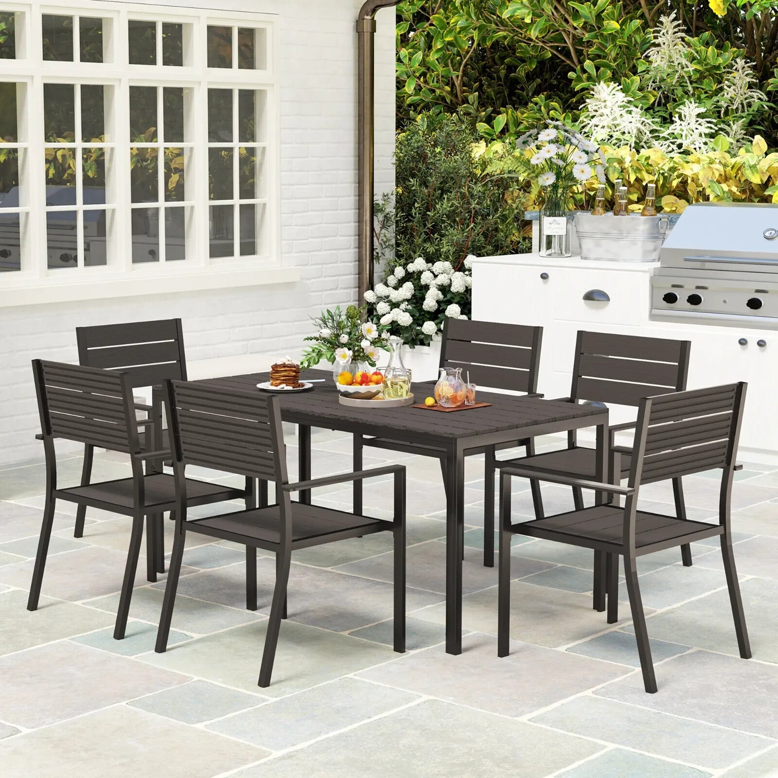 7 Piece Garden Furniture Set 160 x 80 cm Table with 6 Stackable Chairs Outdoor - Home and Garden Furniture Shop - rustic - furniture