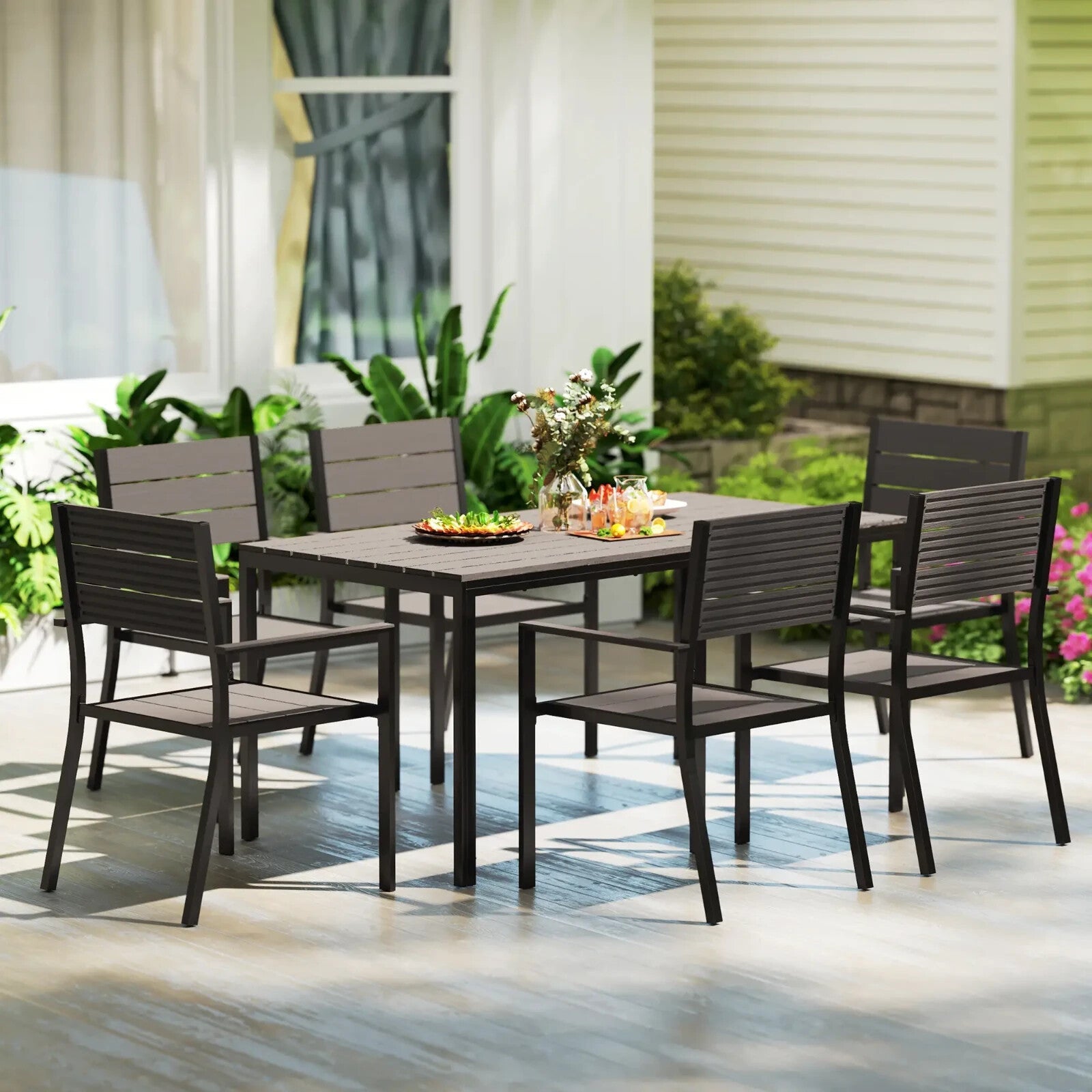 7 Piece Garden Furniture Set 160 x 80 cm Table with 6 Stackable Chairs Outdoor - Home and Garden Furniture Shop - rustic - furniture