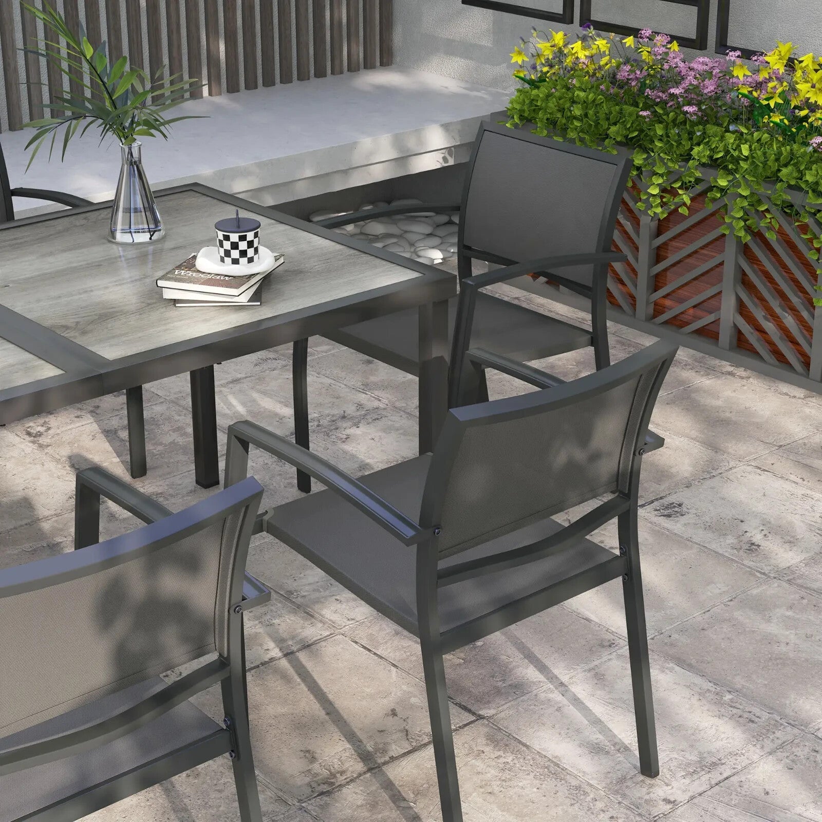 7 Piece Outdoor Garden Dining Set with 6 Stackable Chairs Wood - Effect Table Grey - Home and Garden Furniture Shop - rustic - furniture