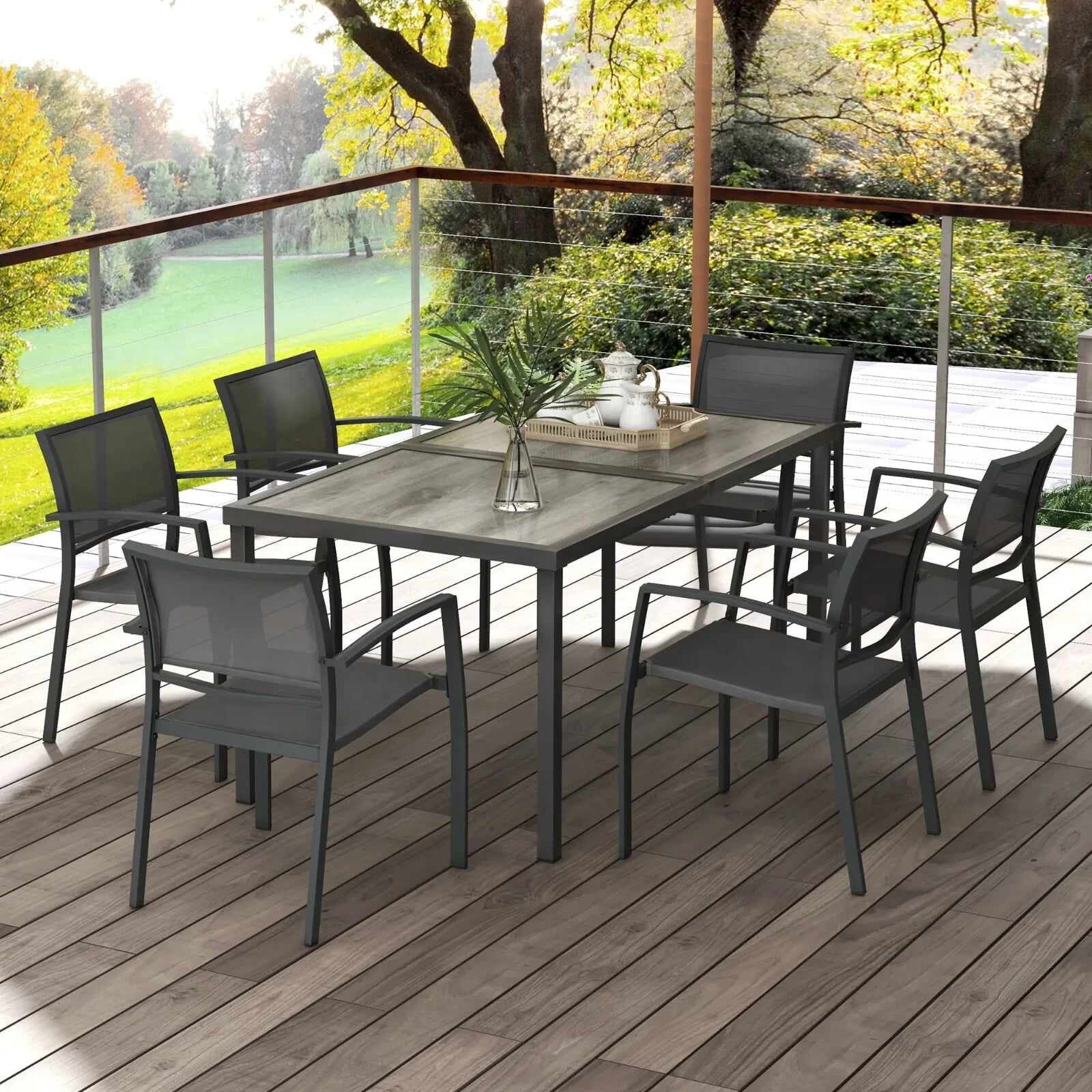 7 Piece Outdoor Garden Dining Set with 6 Stackable Chairs Wood - Effect Table Grey - Home and Garden Furniture Shop - rustic - furniture