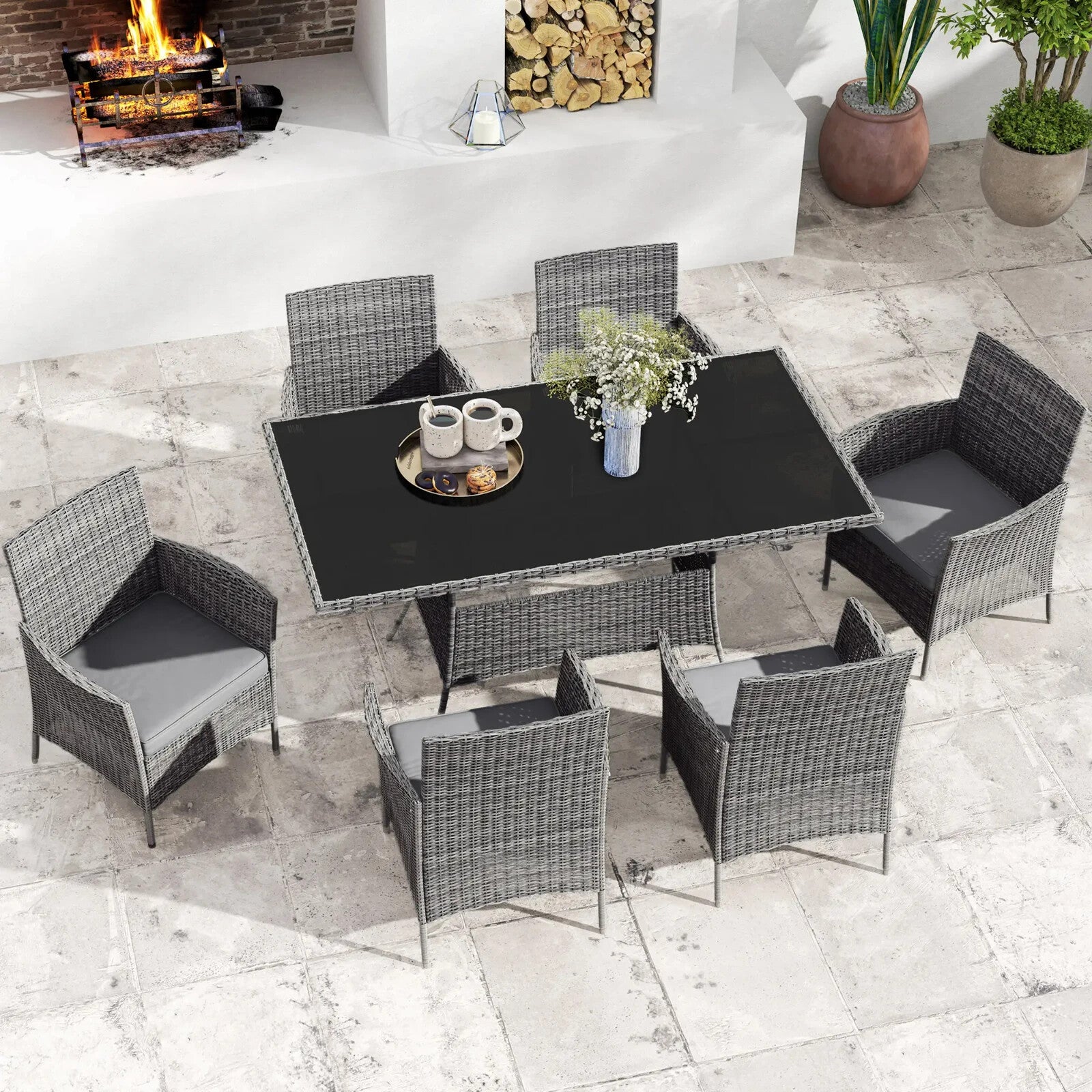 7 Piece Rattan Garden Furniture Set with Cushions 6 Seater Dining Table & Chairs - Home and Garden Furniture Shop - rustic - furniture