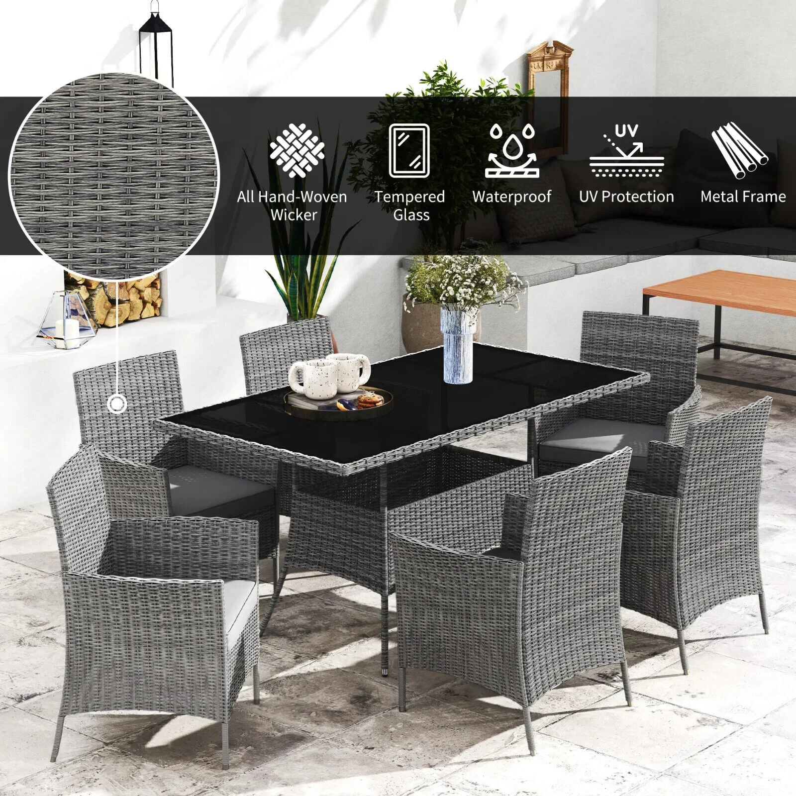 7 Piece Rattan Garden Furniture Set with Cushions 6 Seater Dining Table & Chairs - Home and Garden Furniture Shop - #rustic - furniture#