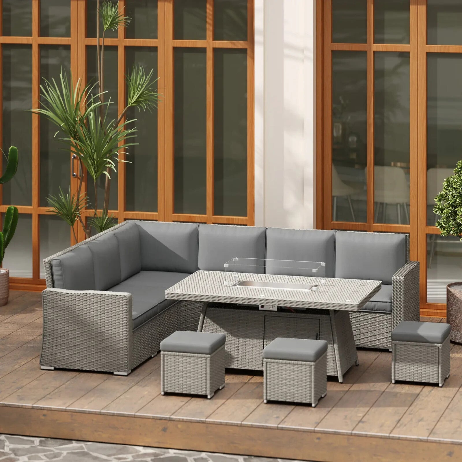 7 Piece Rattan Garden Furniture Set with Fire Pit Table Corner Sofa & Footstools - Home and Garden Furniture Shop - rustic - furniture