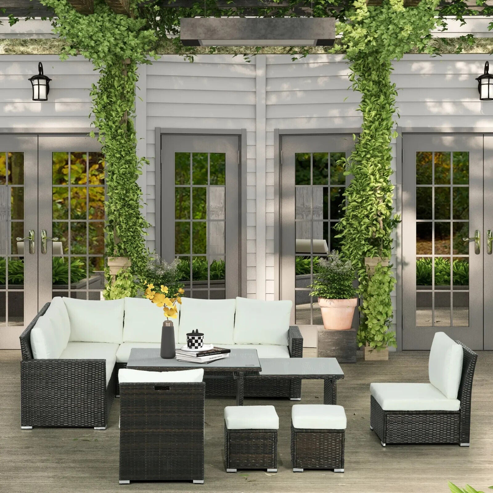 7 Piece Rattan Garden Furniture Set with Footstools and Expandable Glass Table - Home and Garden Furniture Shop - #rustic - furniture#