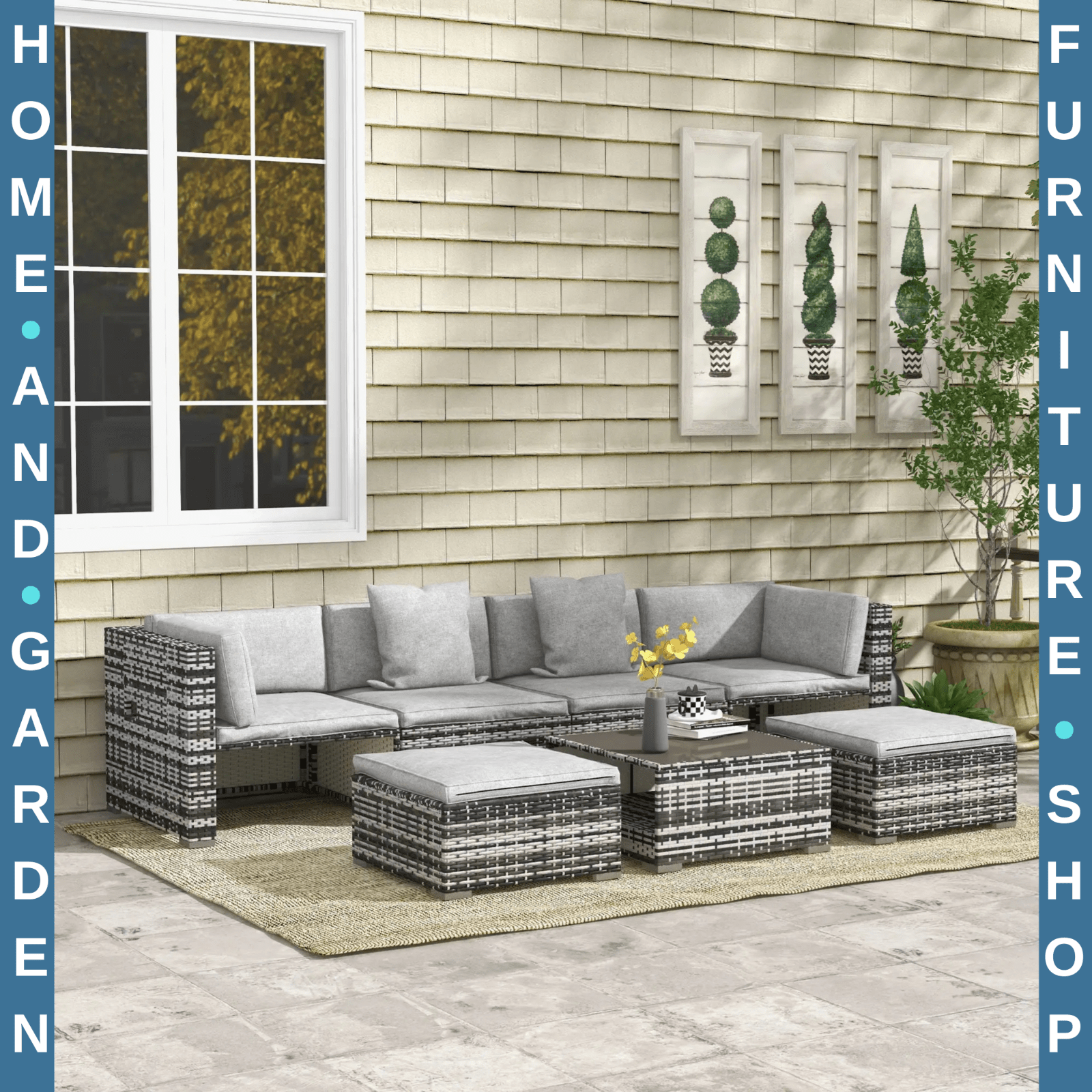 7 Piece Rattan Garden Furniture Set with Sofa Stools Coffee Table and Cushions - Home and Garden Furniture Shop - rustic - furniture