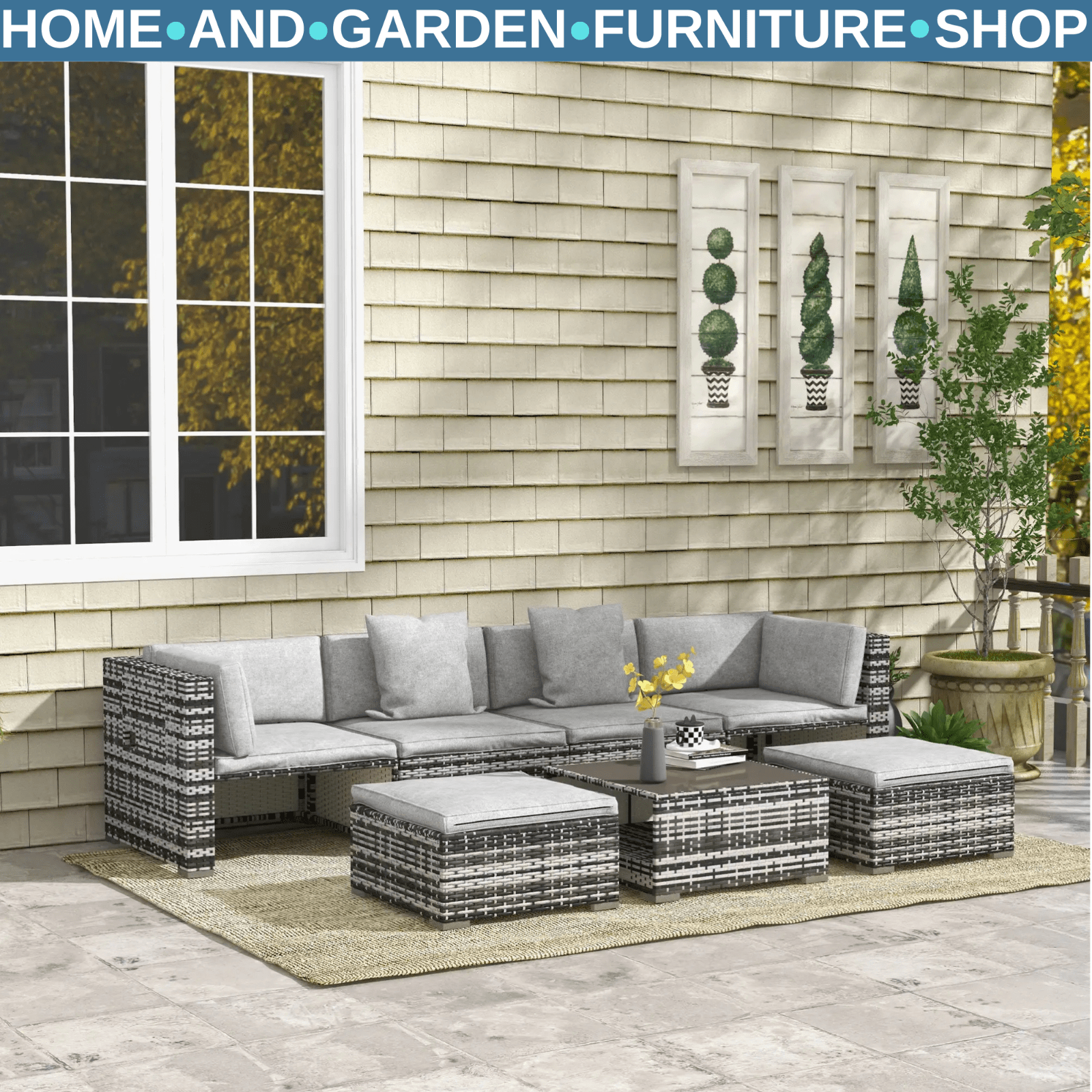 7 Piece Rattan Garden Furniture Set with Sofa Stools Coffee Table and Cushions - Home and Garden Furniture Shop - rustic - furniture