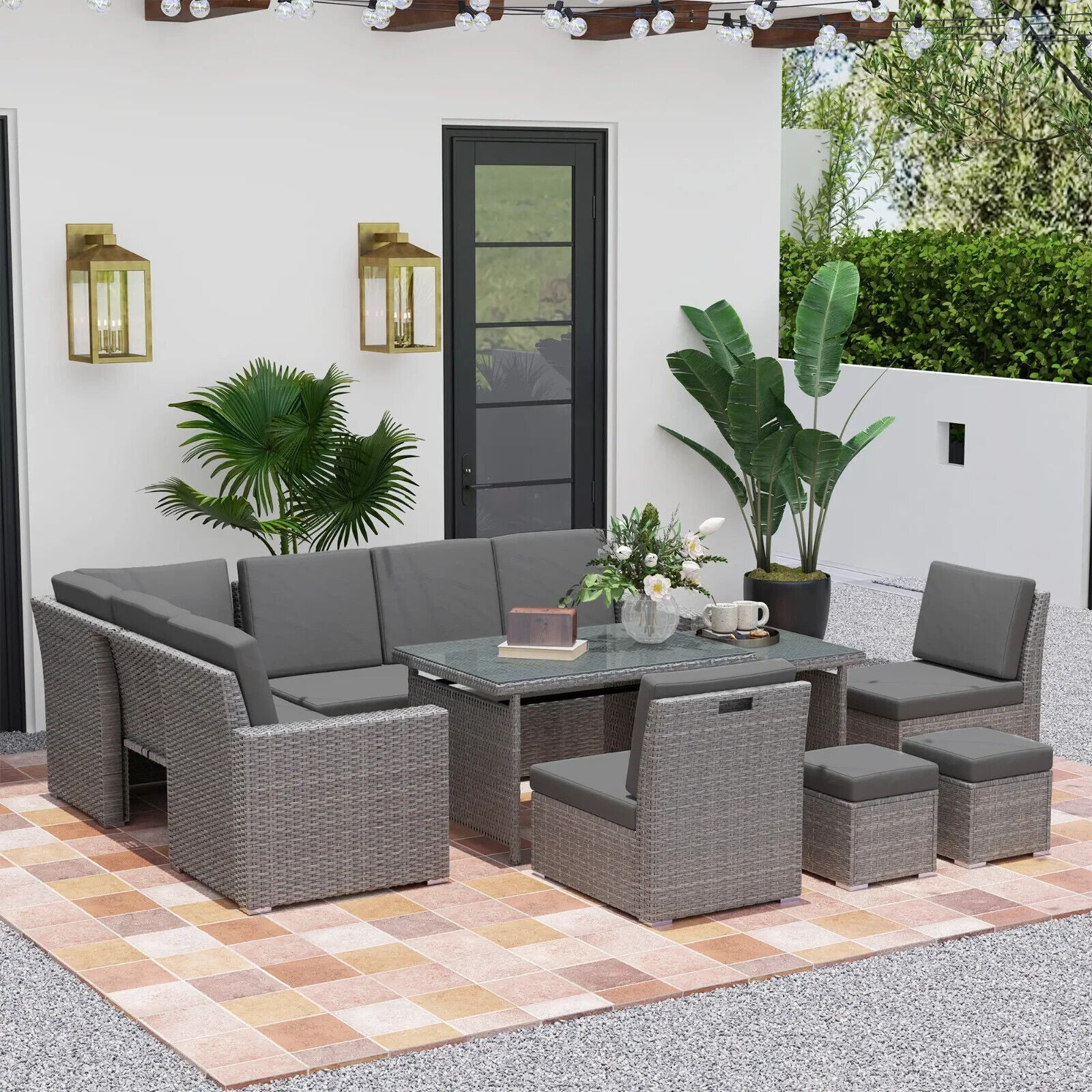 7 Piece Rattan Garden Sofa Set w/ Expanding Table & Cushions Outdoor Light Grey - Home and Garden Furniture Shop - #rustic - furniture#