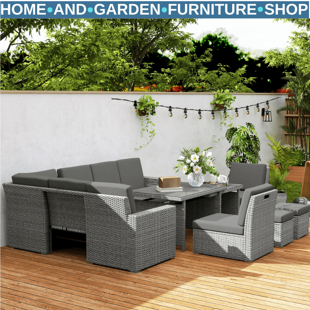 7 Piece Rattan Garden Sofa Set w/ Expanding Table & Cushions Outdoor Light Grey - Home and Garden Furniture Shop - #rustic - furniture#