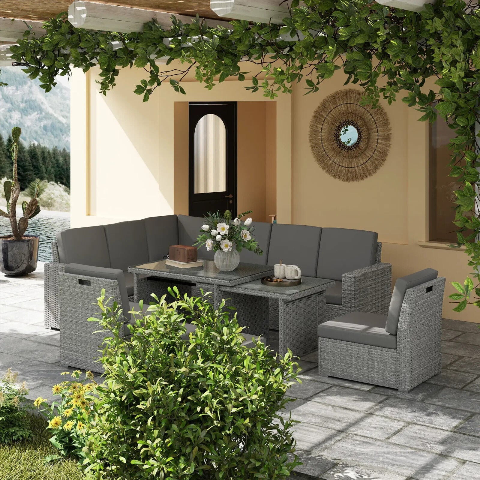 7 Piece Rattan Garden Sofa Set w/ Expanding Table & Cushions Outdoor Light Grey - Home and Garden Furniture Shop - #rustic - furniture#