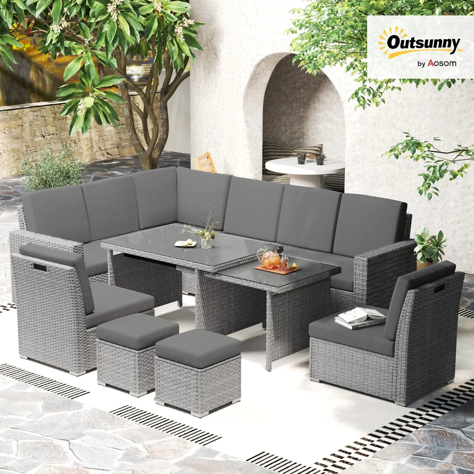 7 Piece Rattan Garden Sofa Set w/ Expanding Table & Cushions Outdoor Light Grey - Home and Garden Furniture Shop - #rustic - furniture#
