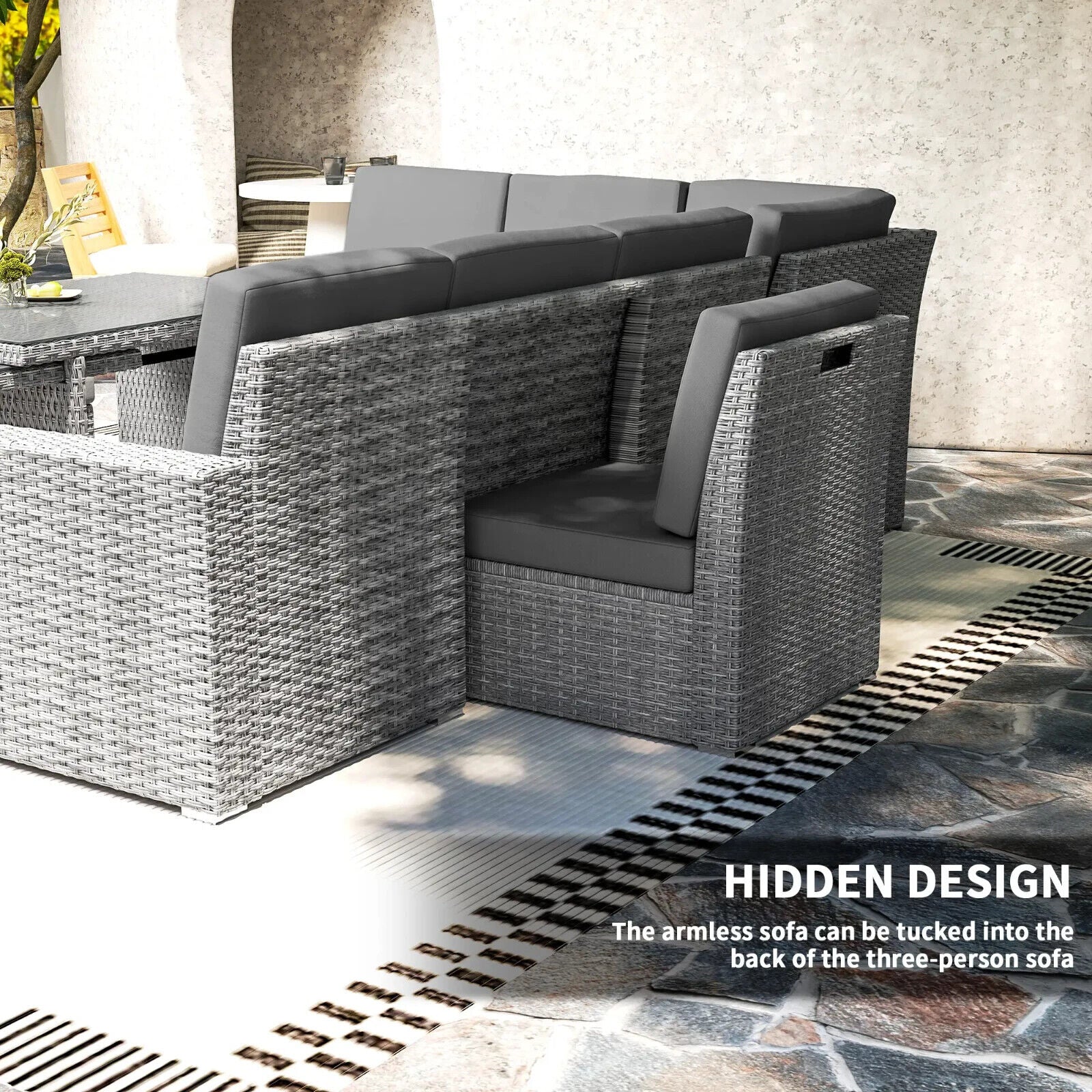 7 Piece Rattan Garden Sofa Set w/ Expanding Table & Cushions Outdoor Light Grey - Home and Garden Furniture Shop - #rustic - furniture#