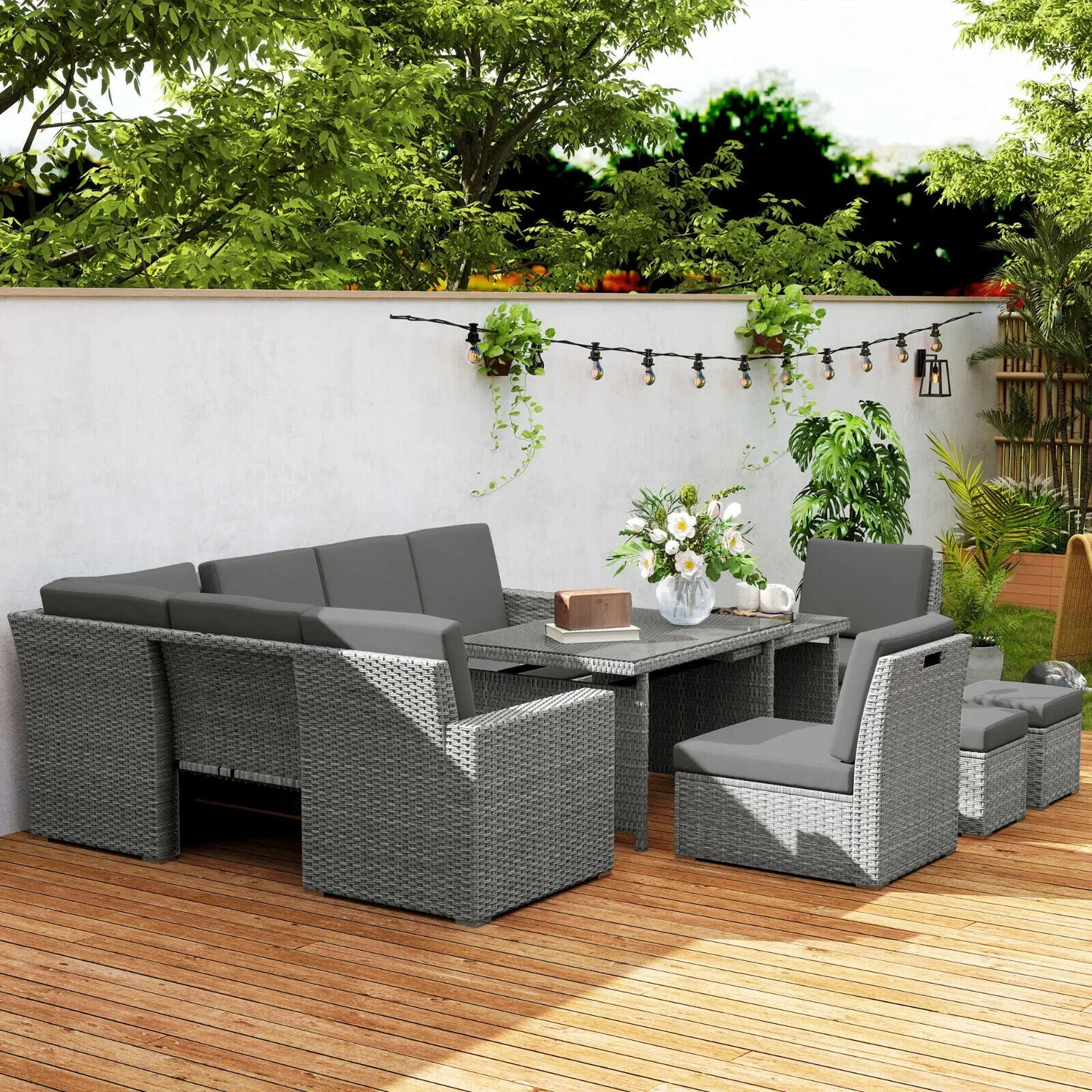 7 Piece Rattan Garden Sofa Set w/ Expanding Table & Cushions Outdoor Light Grey - Home and Garden Furniture Shop - #rustic - furniture#