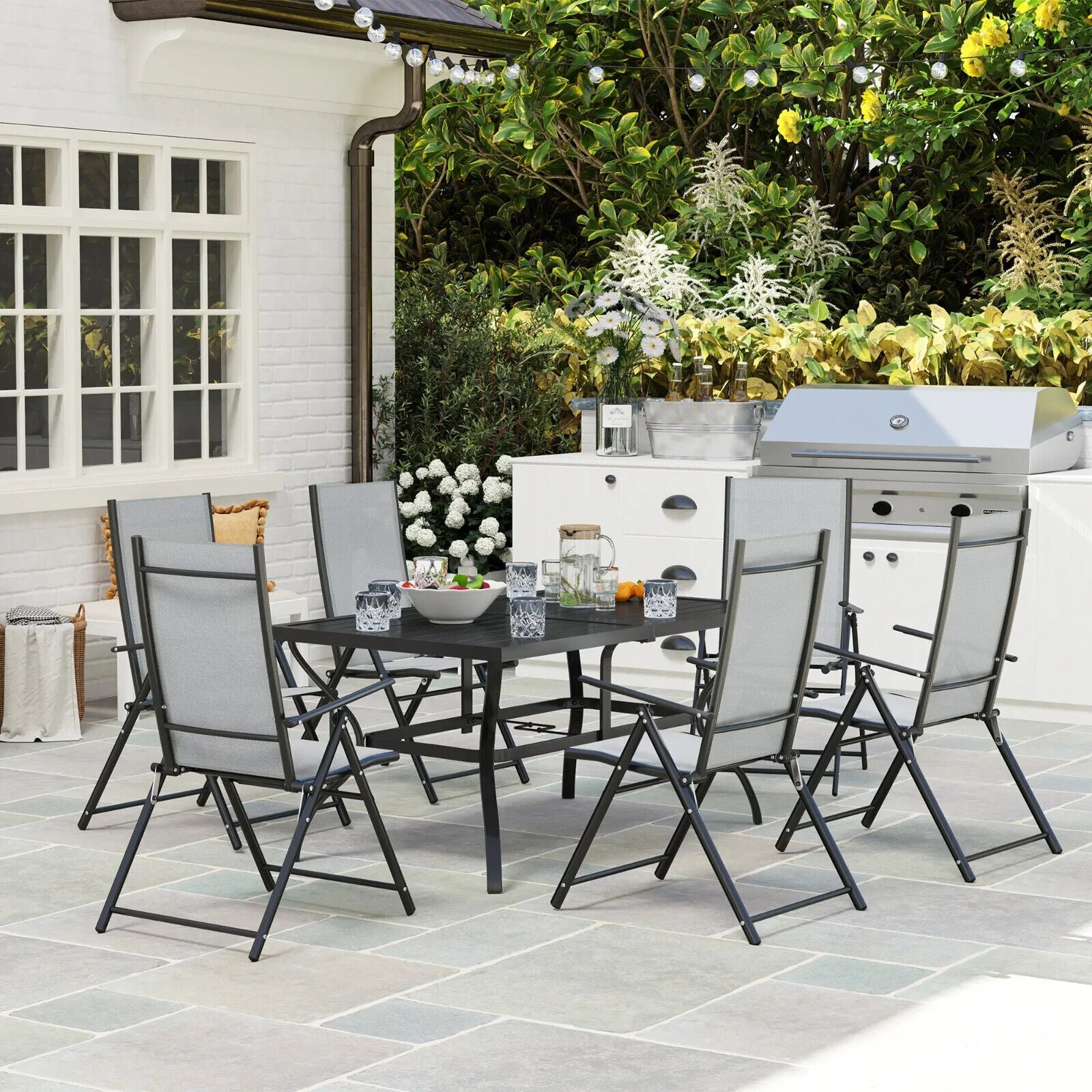 7 Piece Steel Outdoor Dining Set Garden Furniture w/ Parasol Hole for Patio Lawn - Home and Garden Furniture Shop - #rustic - furniture#