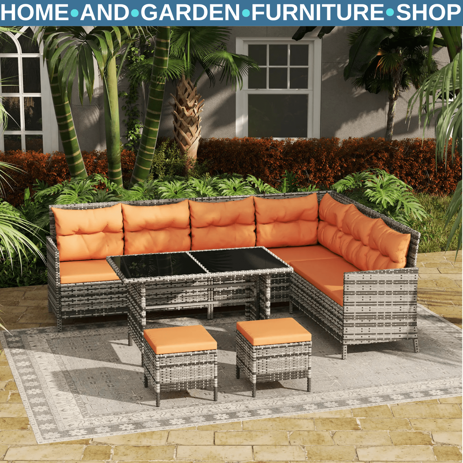 7 Seater Rattan Garden Sofa Set with Cushions & Glass Table Wicker Furniture - Home and Garden Furniture Shop - #rustic - furniture#