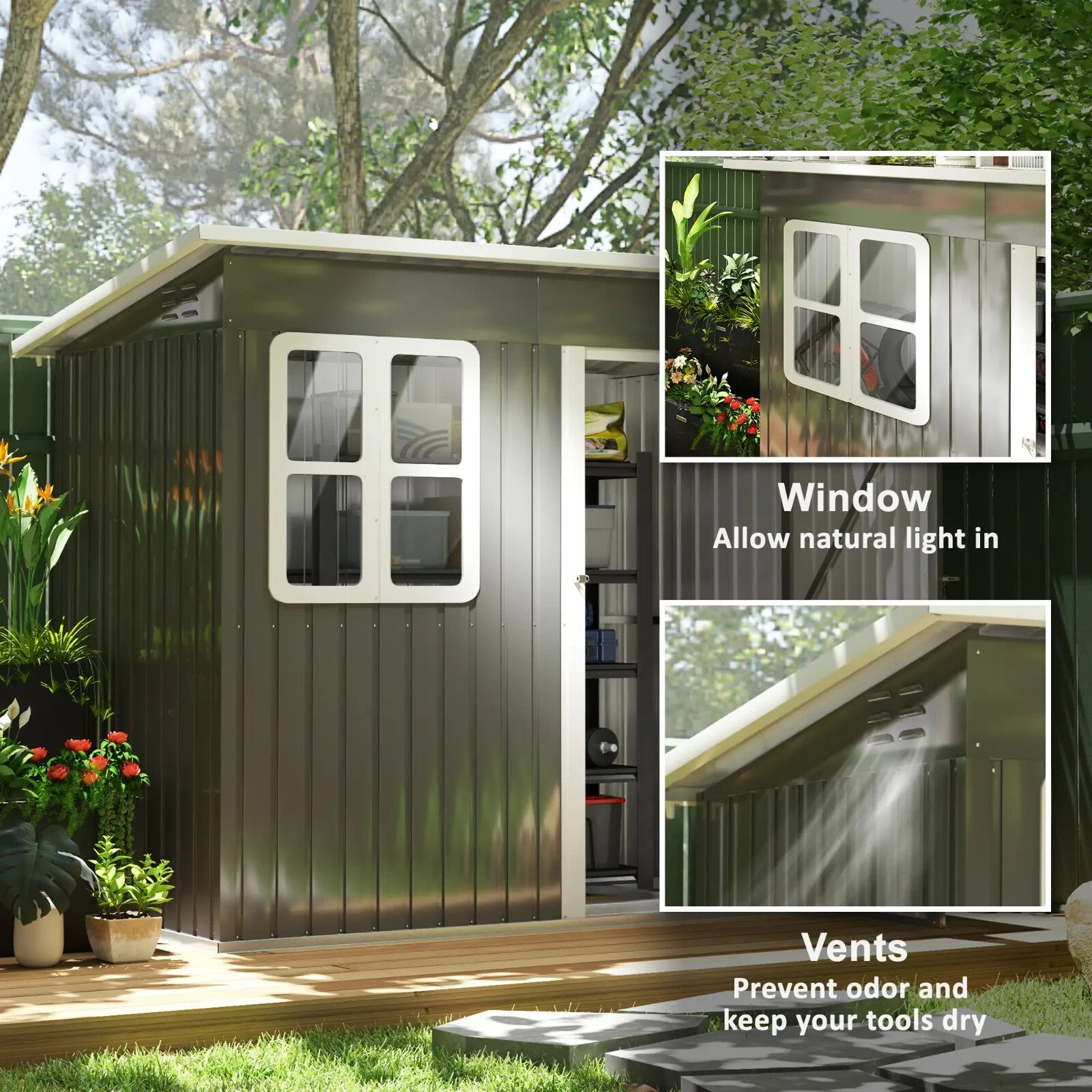 7 x 4 ft Galvanised Steel Garden Storage Shed with with Lock and Gloves - Grey - Home and Garden Furniture Shop - rustic - furniture