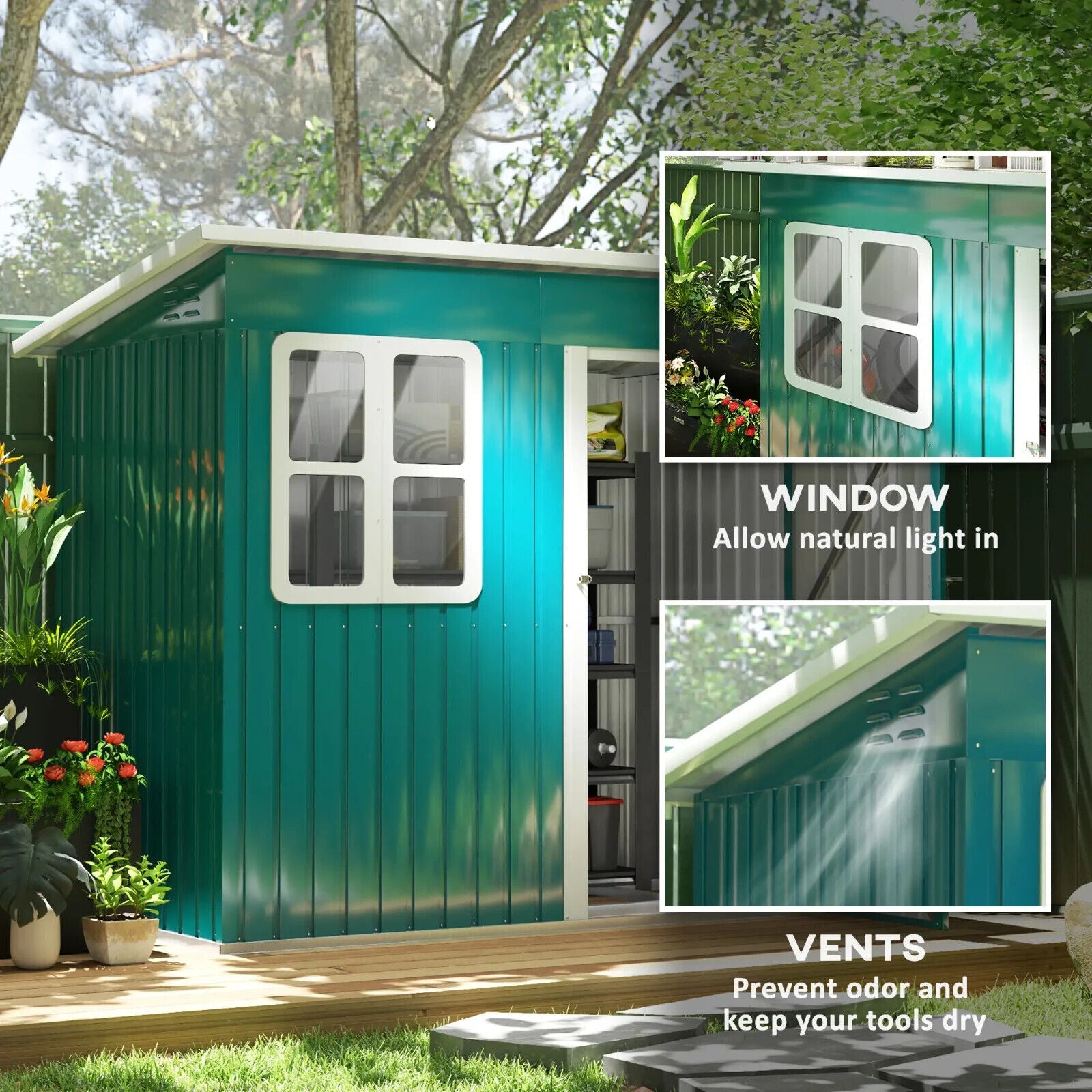 7 x 4ft Galvanised Steel Garden Shed with Foundation Kit Window Green Tool Shed - Home and Garden Furniture Shop - #rustic - furniture#