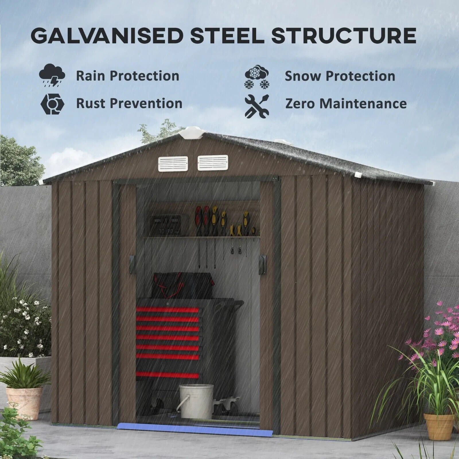 7 x 4ft Metal Garden Shed Storage with Foundation Kit and Vents Brown Tool Shed - Home and Garden Furniture Shop - #rustic - furniture#