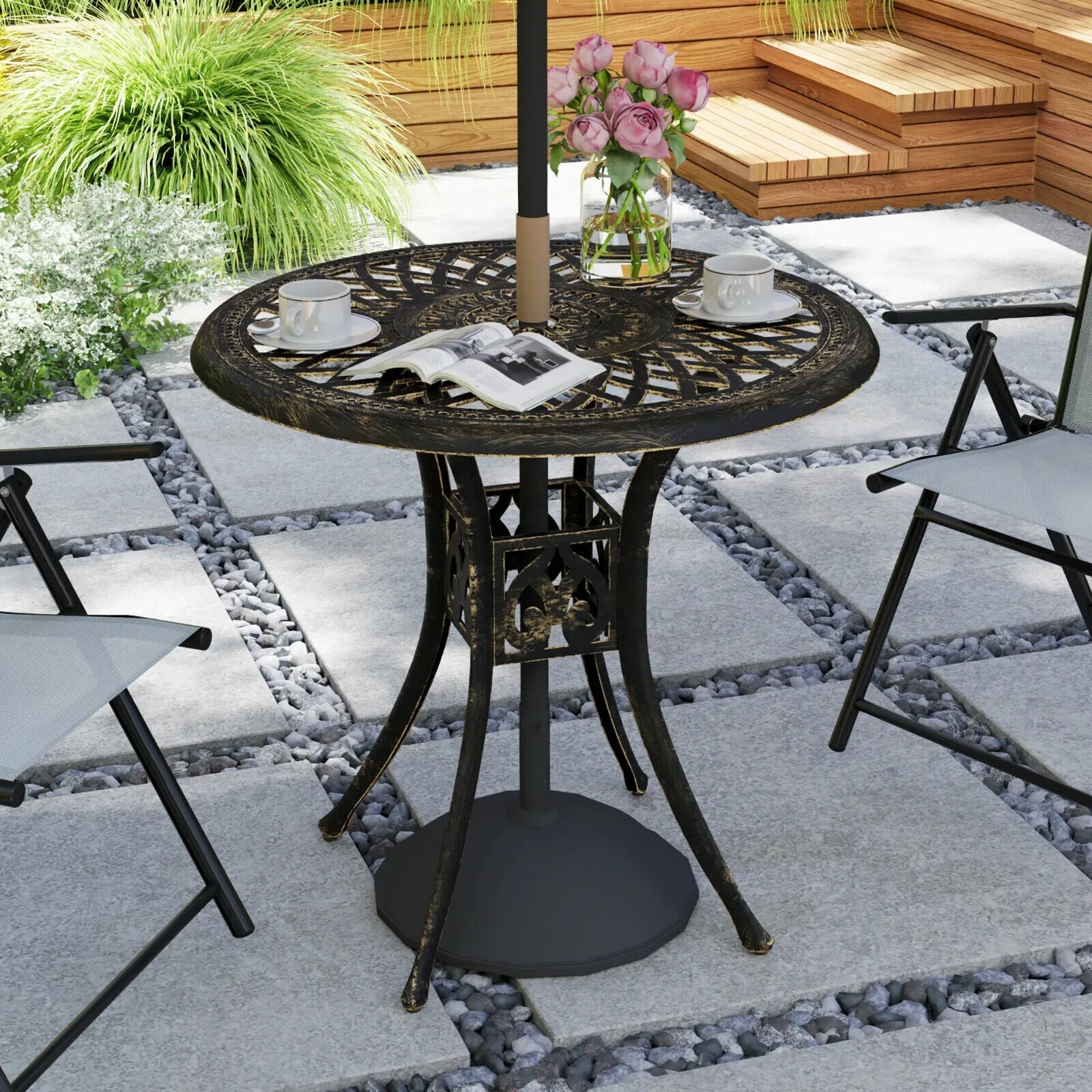 78 cm Round Garden Dining Table with Parasol Hole Cast Aluminium Outdoor Table - Home and Garden Furniture Shop - #rustic - furniture#