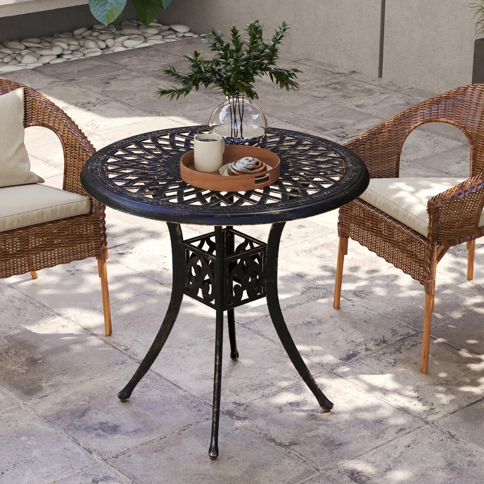 78 cm Round Garden Dining Table with Parasol Hole Cast Aluminium Outdoor Table - Home and Garden Furniture Shop - #rustic - furniture#