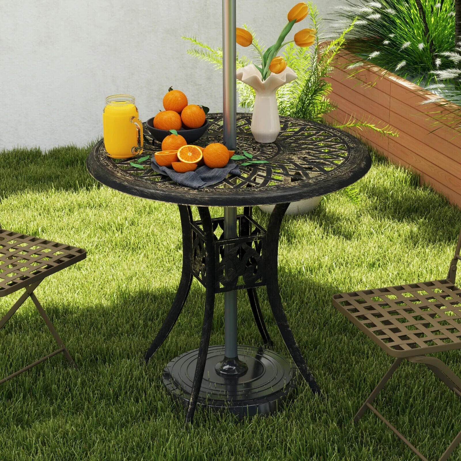 78 cm Round Garden Dining Table with Parasol Hole Cast Aluminium Outdoor Table - Home and Garden Furniture Shop - #rustic - furniture#