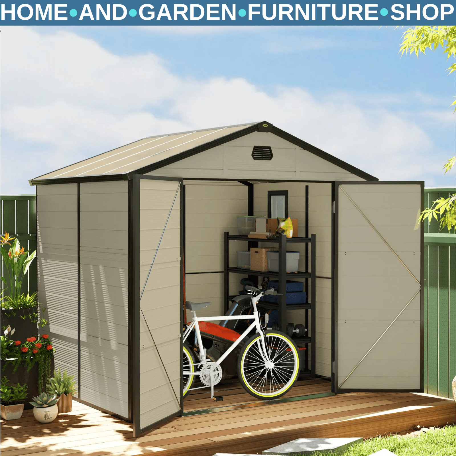 7.9 ft x 6.2 ft Garden Shed with Aluminium Frame Plastic Walls & Foundation Base - Home and Garden Furniture Shop - #rustic - furniture#