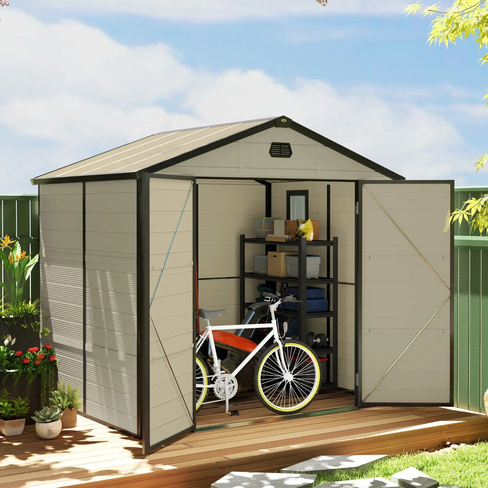 7.9 ft x 6.2 ft Garden Shed with Aluminium Frame Plastic Walls & Foundation Base - Home and Garden Furniture Shop - #rustic - furniture#