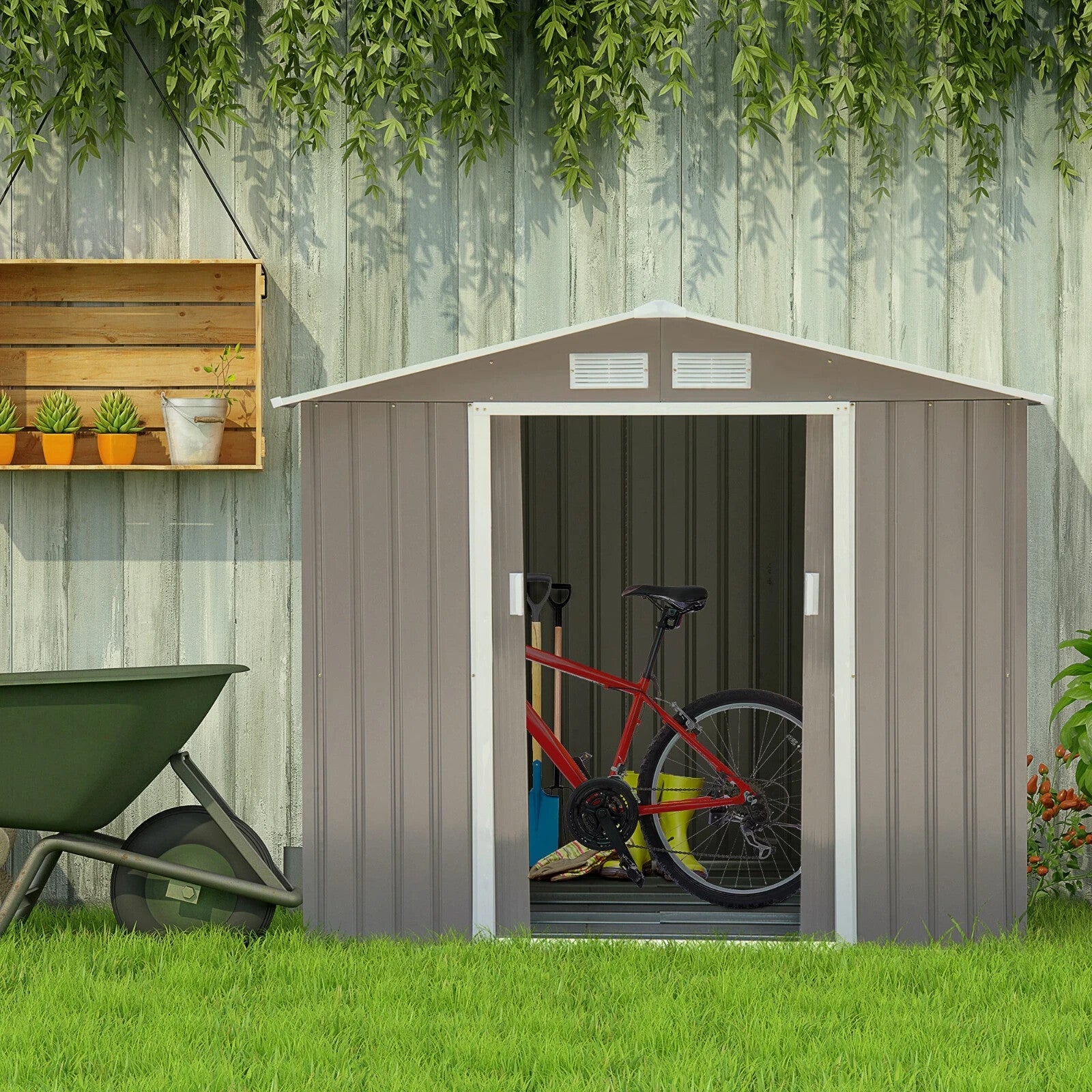 7ft x 4ft Metal Garden Storage Shed Lockable Outdoor Storage w/ Vents for Tools - Home and Garden Furniture Shop - rustic - furniture