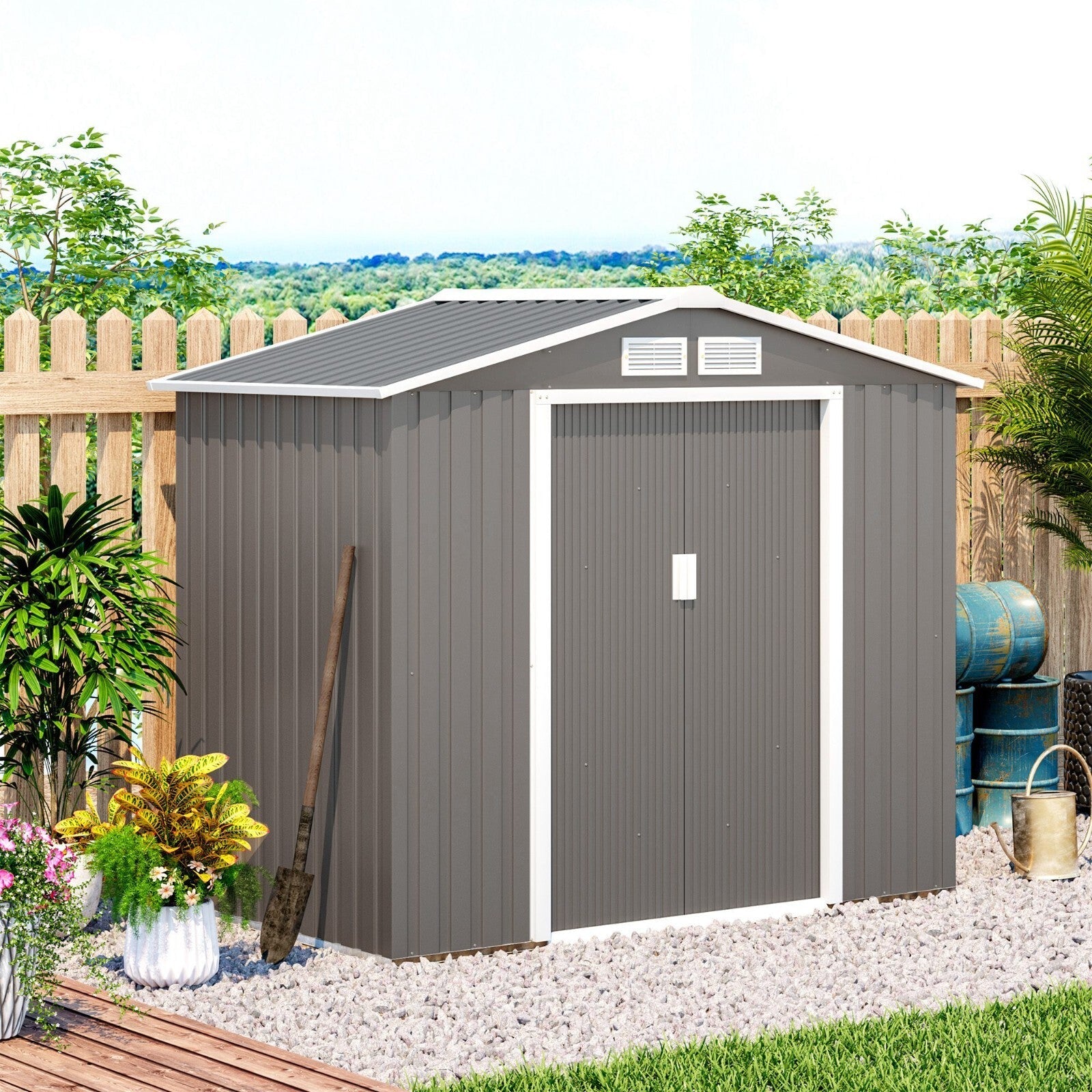 7ft x 4ft Metal Garden Storage Shed Lockable Outdoor Storage w/ Vents for Tools - Home and Garden Furniture Shop - rustic - furniture