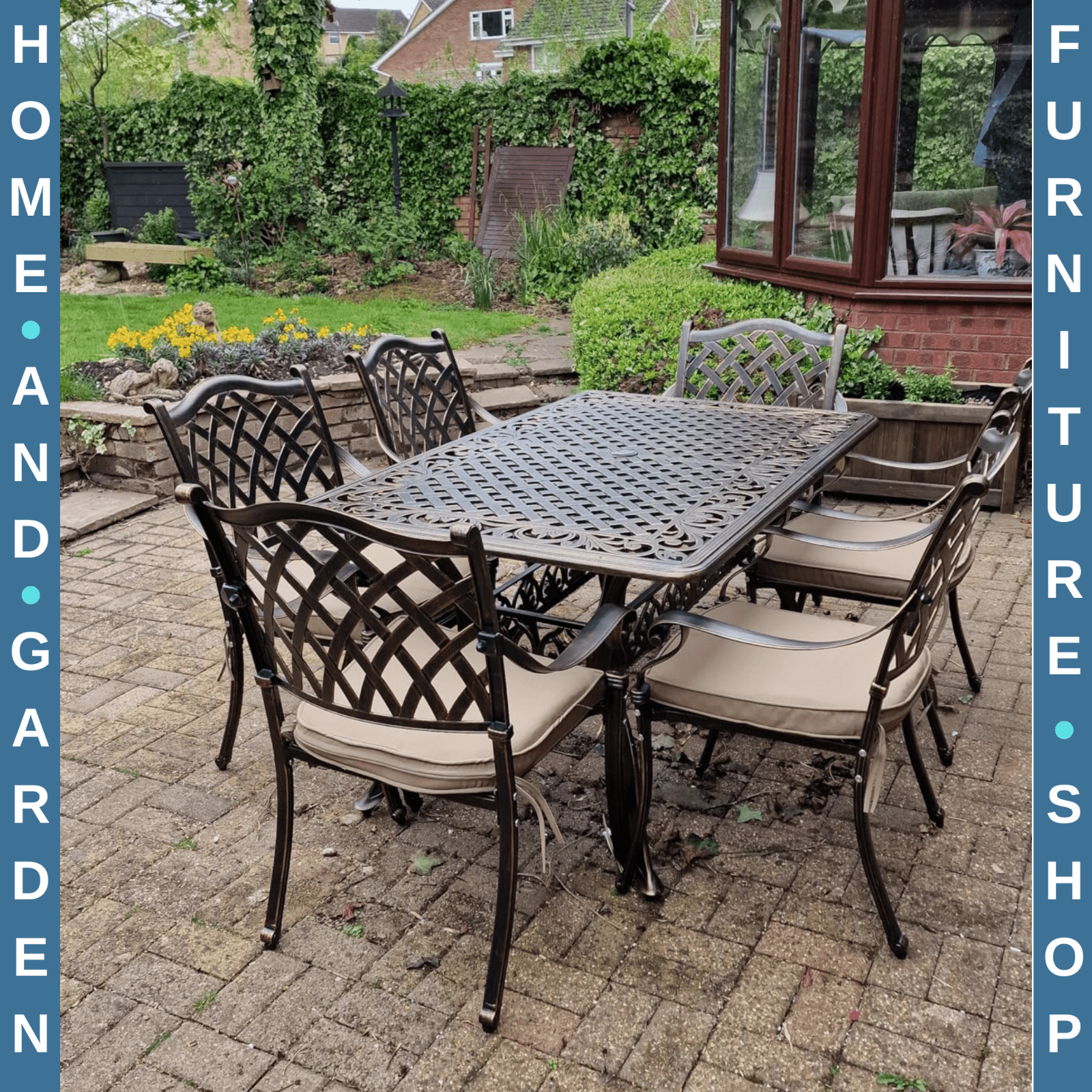 7pcs Cast Aluminium Garden Dining Set Cushioned Chairs & Table w/ Umbrella Hole - Home and Garden Furniture Shop - rustic - furniture