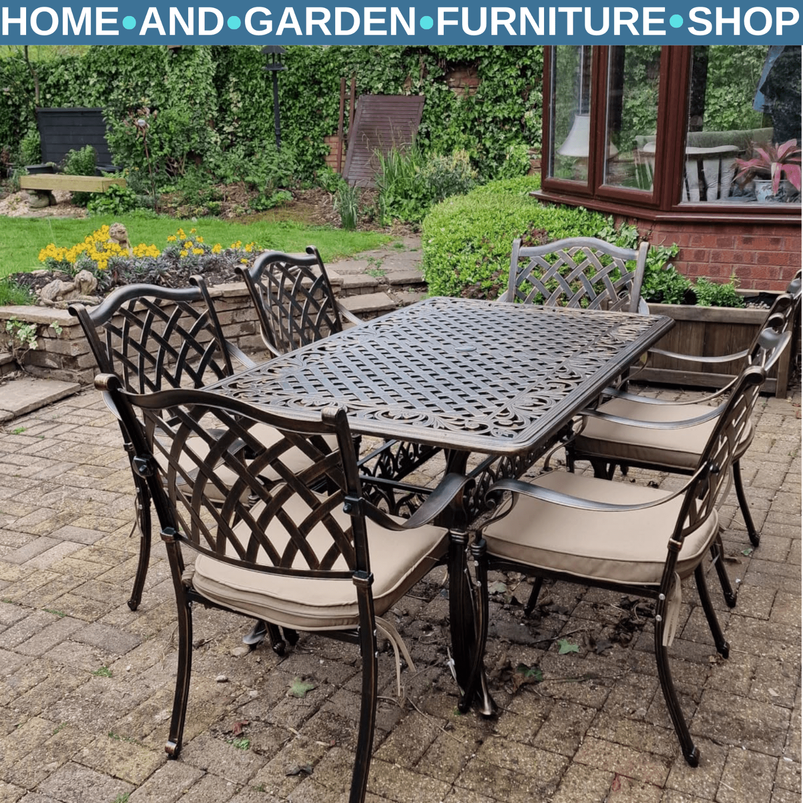 7pcs Cast Aluminium Garden Dining Set Cushioned Chairs & Table w/ Umbrella Hole - Home and Garden Furniture Shop - rustic - furniture