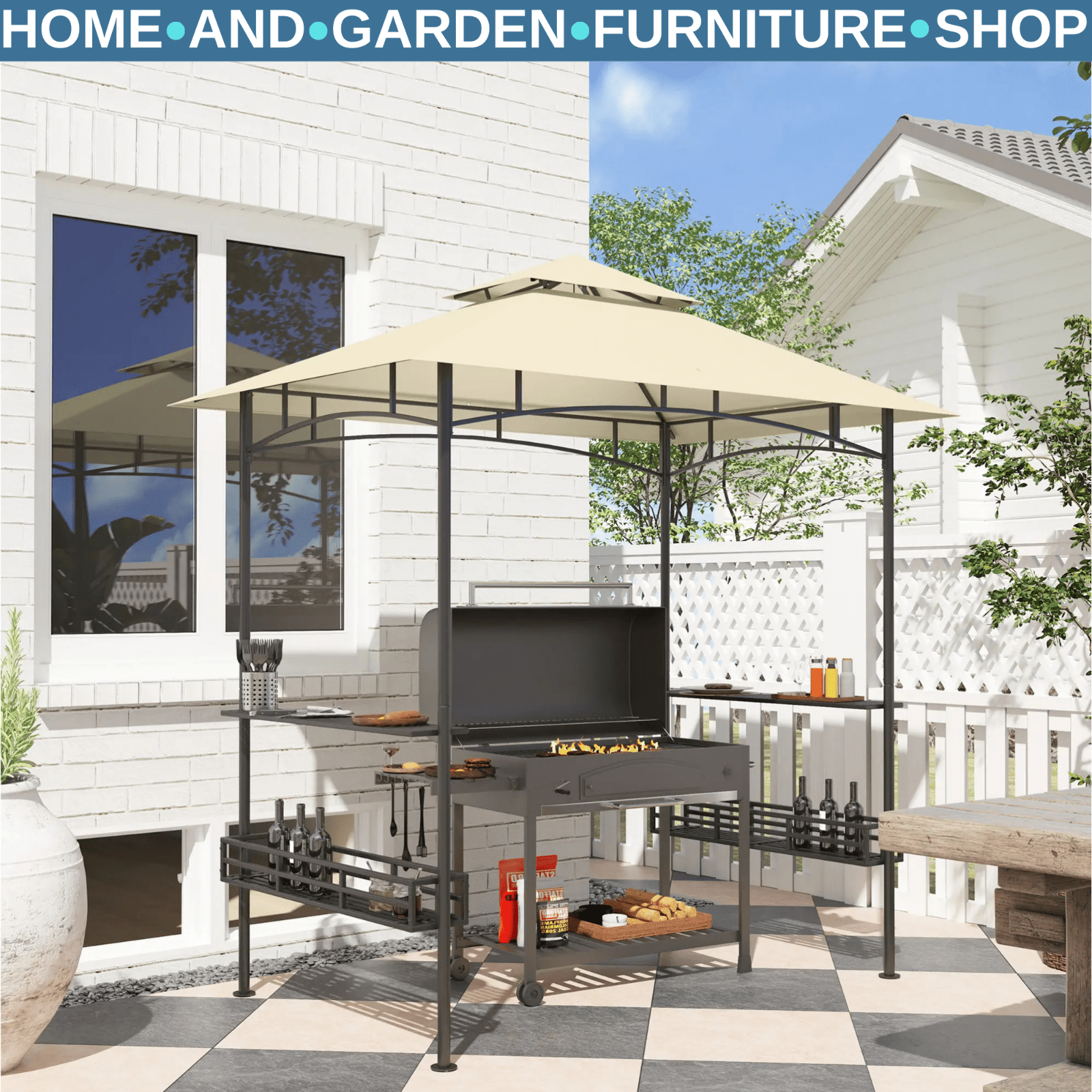 8 × 5 ft Grill Gazebo Canopy Outdoor BBQ Shelter w/Double Tier Roof&Side Shelves - Home and Garden Furniture Shop - #rustic - furniture#