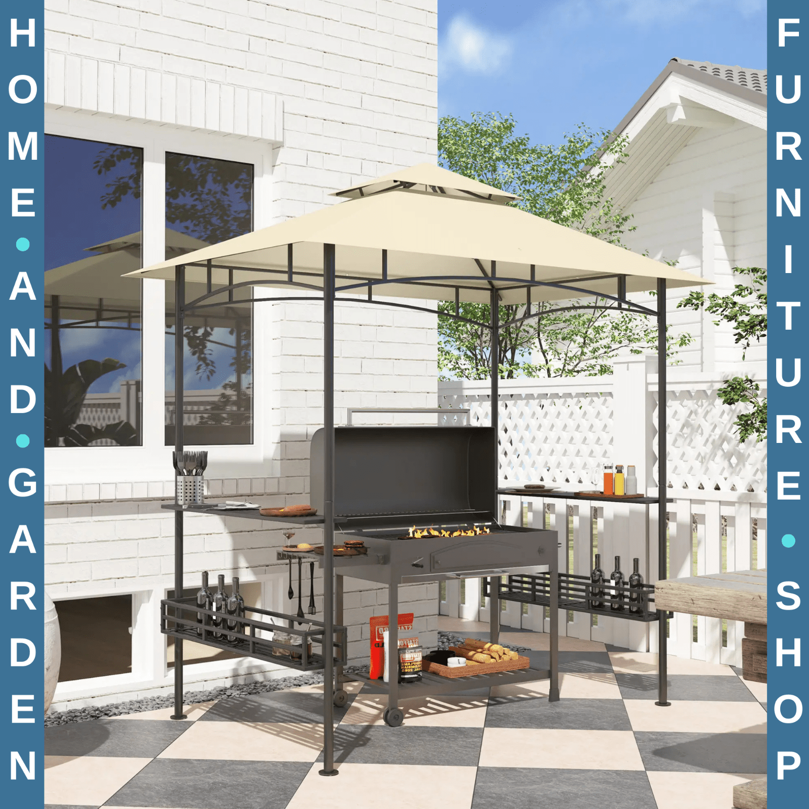 8 × 5 ft Grill Gazebo Canopy Outdoor BBQ Shelter w/Double Tier Roof&Side Shelves - Home and Garden Furniture Shop - #rustic - furniture#