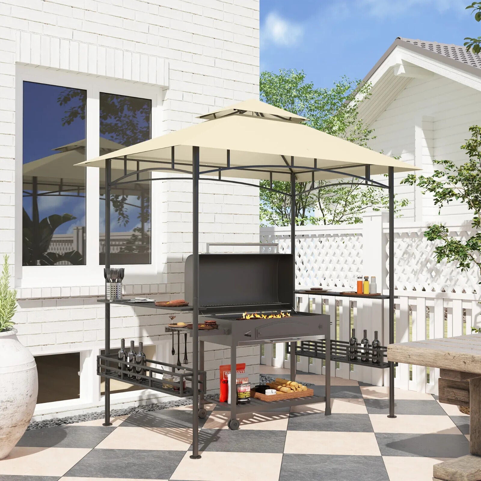 8 × 5 ft Grill Gazebo Canopy Outdoor BBQ Shelter w/Double Tier Roof&Side Shelves - Home and Garden Furniture Shop - #rustic - furniture#