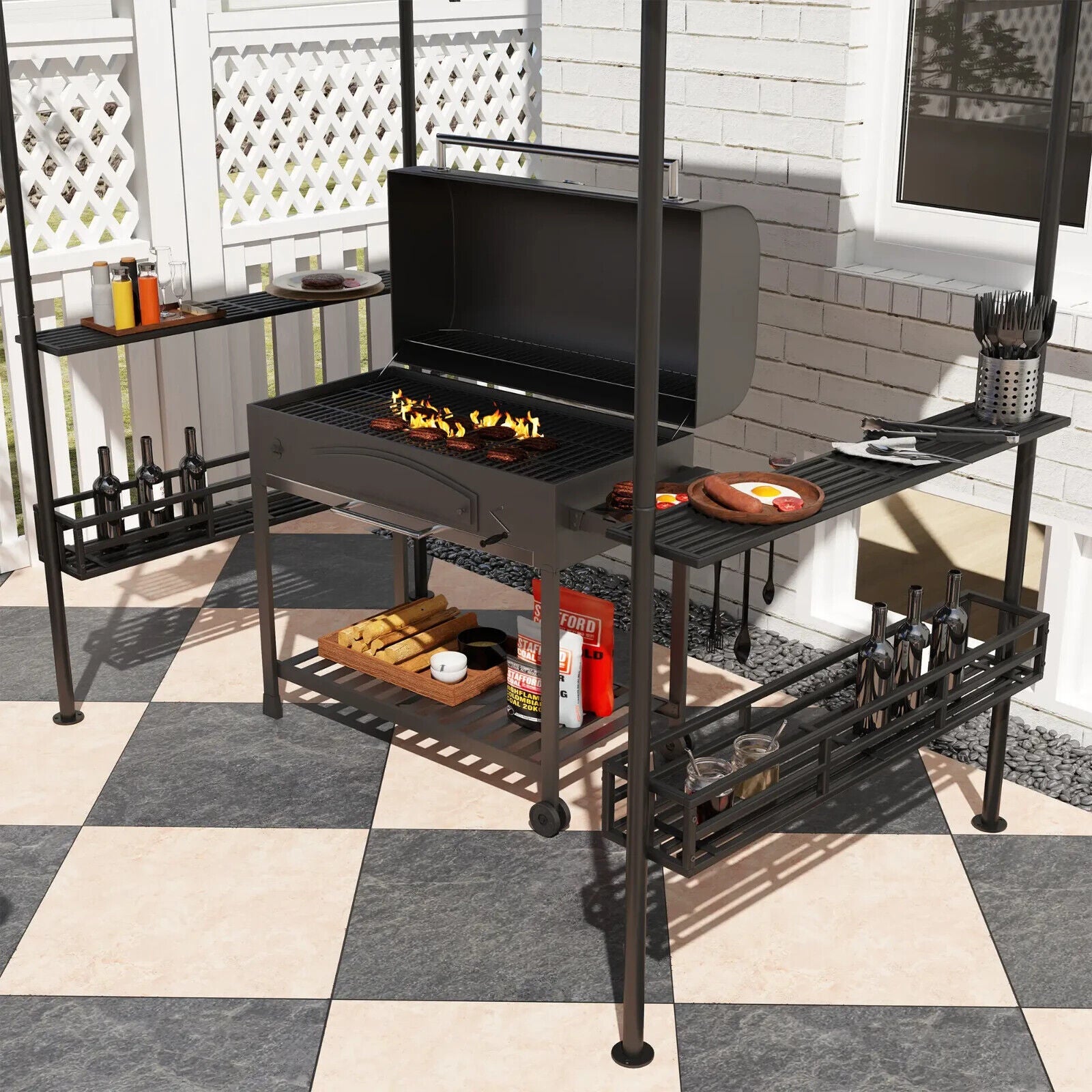 8 × 5 ft Grill Gazebo Canopy Outdoor BBQ Shelter w/Double Tier Roof&Side Shelves - Home and Garden Furniture Shop - #rustic - furniture#