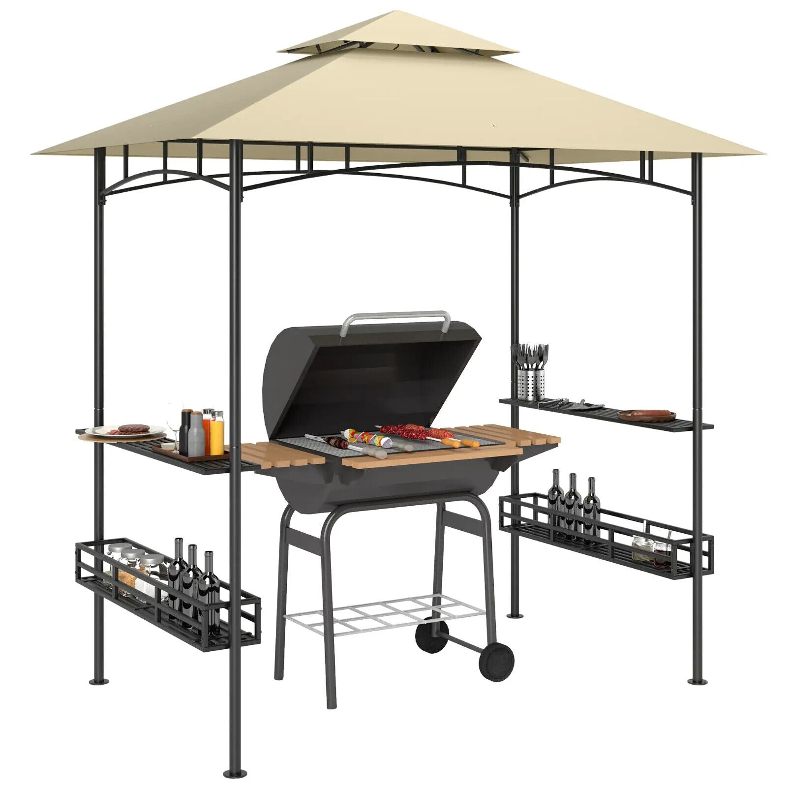 8 × 5 ft Grill Gazebo Canopy Outdoor BBQ Shelter w/Double Tier Roof&Side Shelves - Home and Garden Furniture Shop - #rustic - furniture#