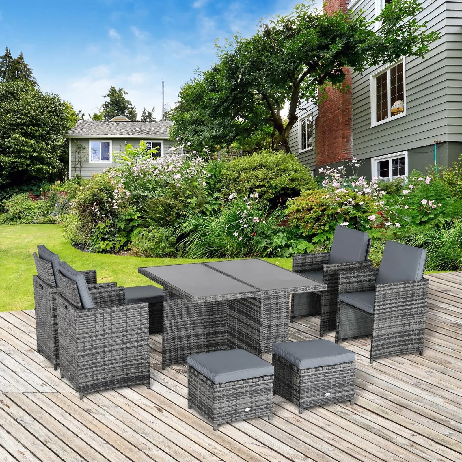 8 - Seater Rattan Dining Set Garden Furniture with Cushion Woven Rattan Chair Grey - Home and Garden Furniture Shop - rustic - furniture