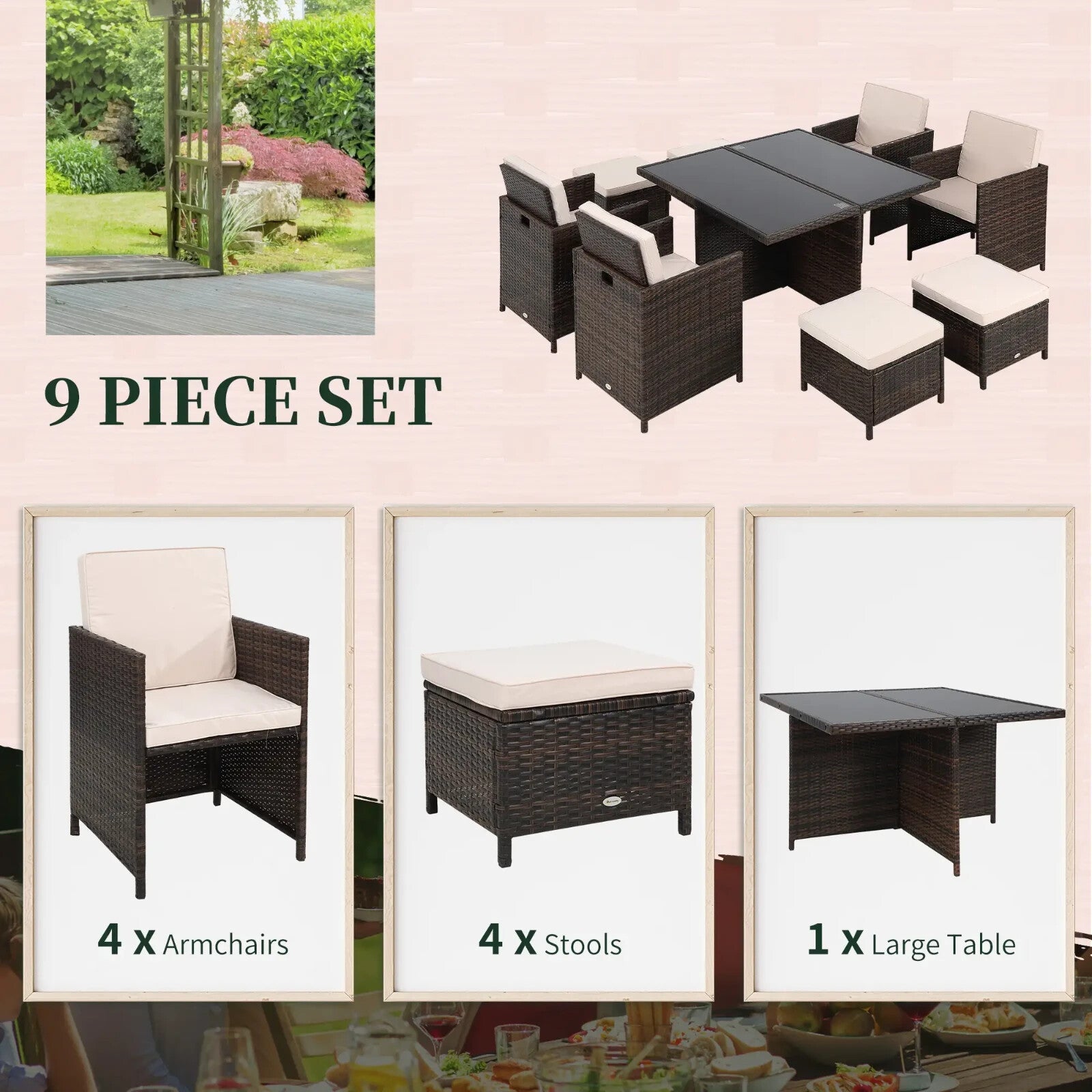 8 Seater Rattan Garden Dining Set with 4 Armchairs 4 Stools and Glass Top Table - Home and Garden Furniture Shop - rustic - furniture
