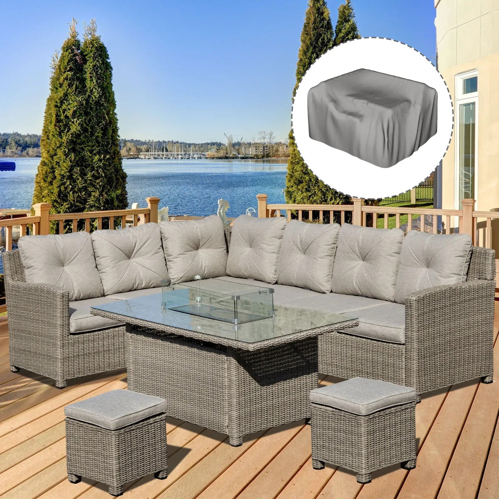 8 - Seater Rattan Garden Furniture Set w/ L - Shape Sofa, Footstool & Fire Pit Table - Home and Garden Furniture Shop - rustic - furniture