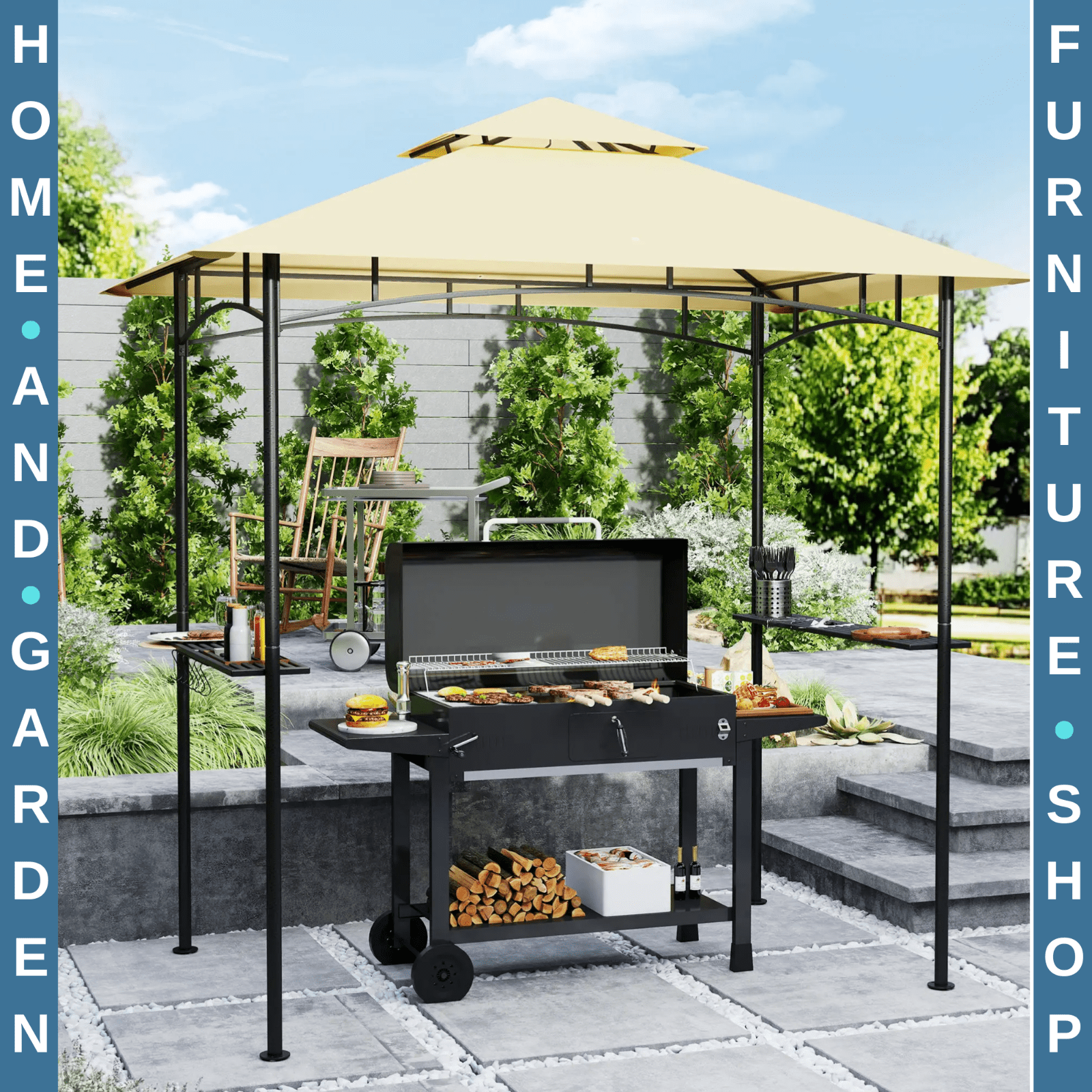 8' x 5' BBQ Gazebo Double Tiered Outdoor Grill Shelter Roof Beige Patio Shelter - Home and Garden Furniture Shop - #rustic - furniture#