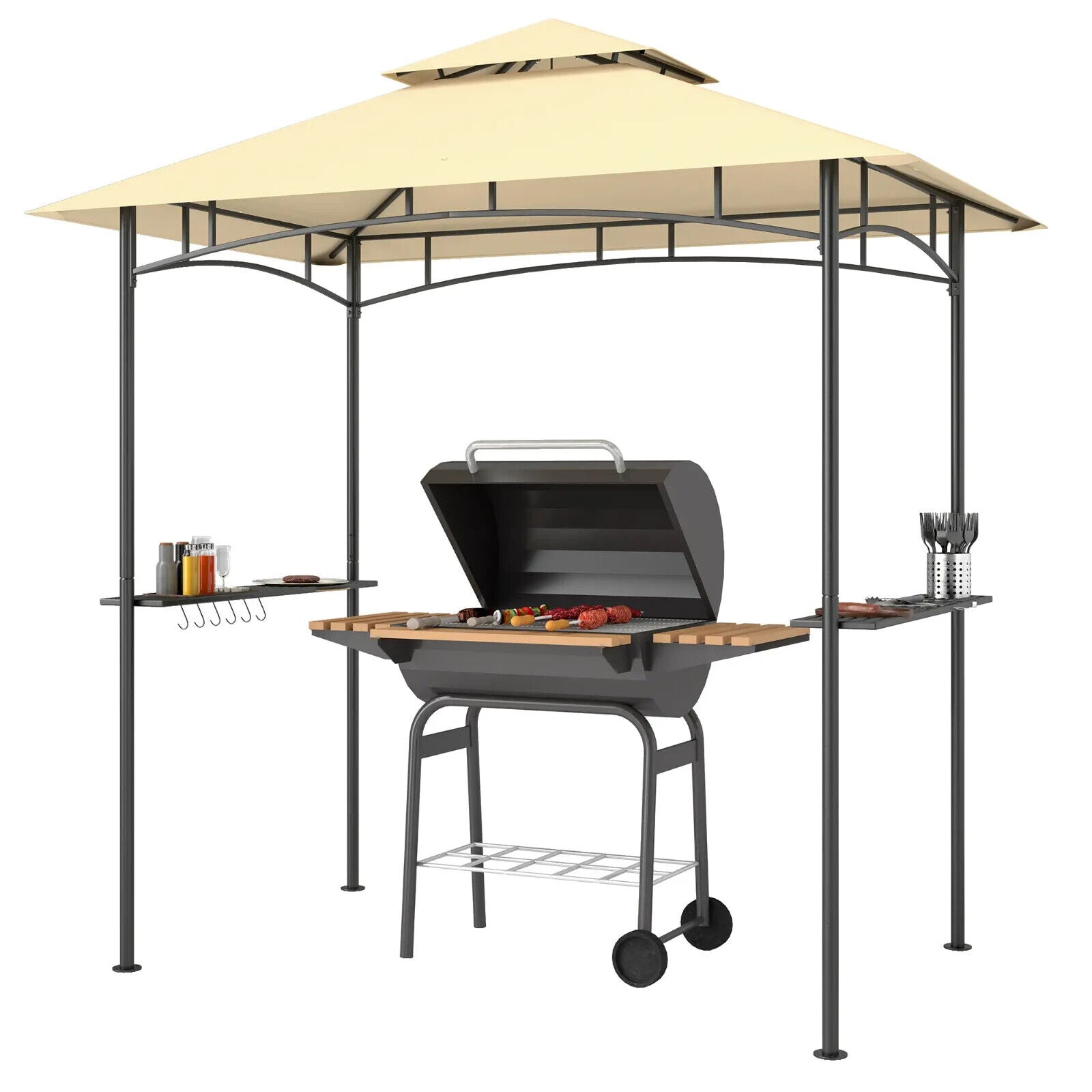 8' x 5' BBQ Gazebo Double Tiered Outdoor Grill Shelter Roof Beige Patio Shelter - Home and Garden Furniture Shop - #rustic - furniture#