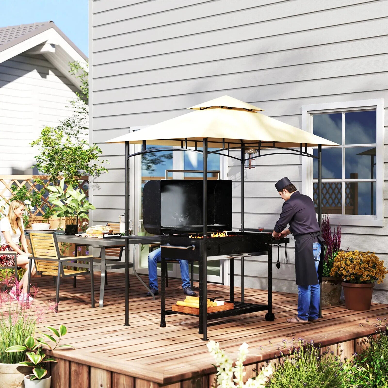 8' x 5' BBQ Gazebo Double Tiered Outdoor Grill Shelter Roof Beige Patio Shelter - Home and Garden Furniture Shop - #rustic - furniture#