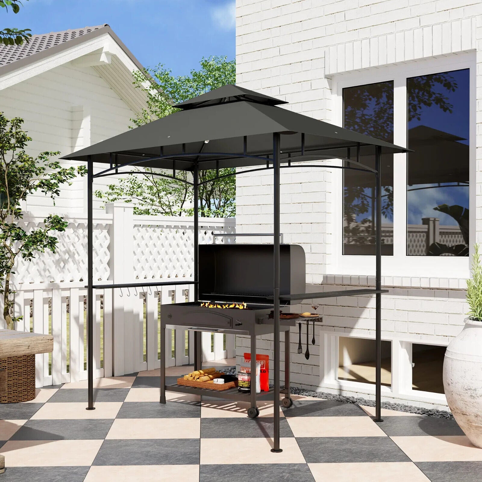 8 x 5' Grill Gazebo Roof Double Tiered Outdoor BBQ Shelter Dark Grey Patio Cover - Home and Garden Furniture Shop - #rustic - furniture#