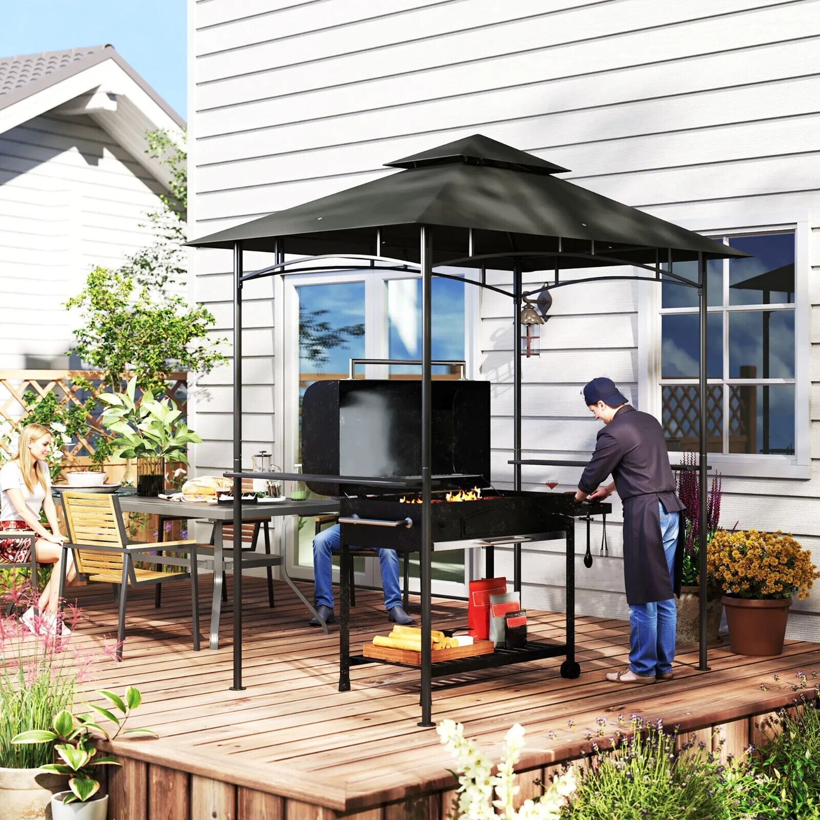 8 x 5' Grill Gazebo Roof Double Tiered Outdoor BBQ Shelter Dark Grey Patio Cover - Home and Garden Furniture Shop - #rustic - furniture#
