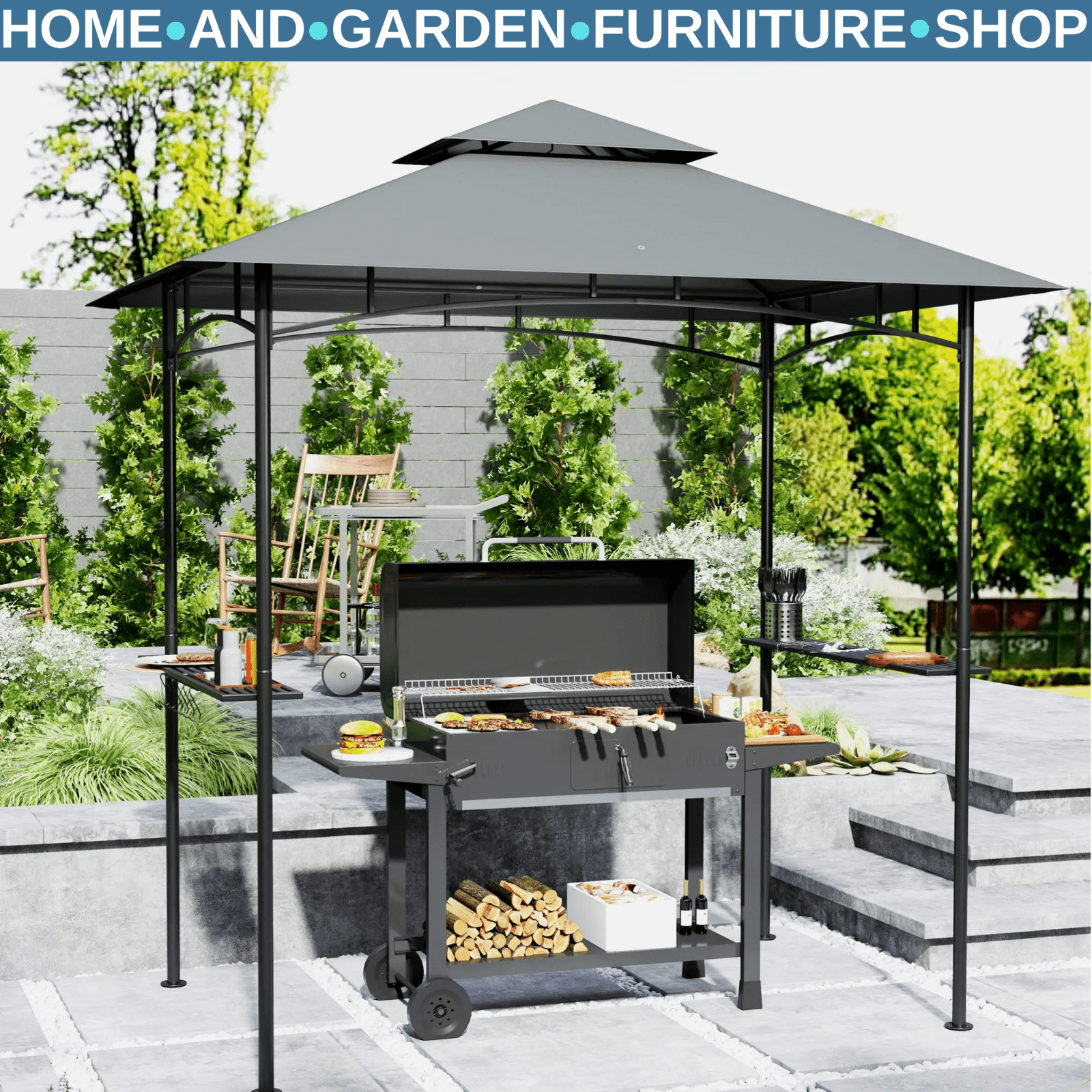 8 x 5' Grill Gazebo Roof Double Tiered Outdoor BBQ Shelter Dark Grey Patio Cover - Home and Garden Furniture Shop - #rustic - furniture#